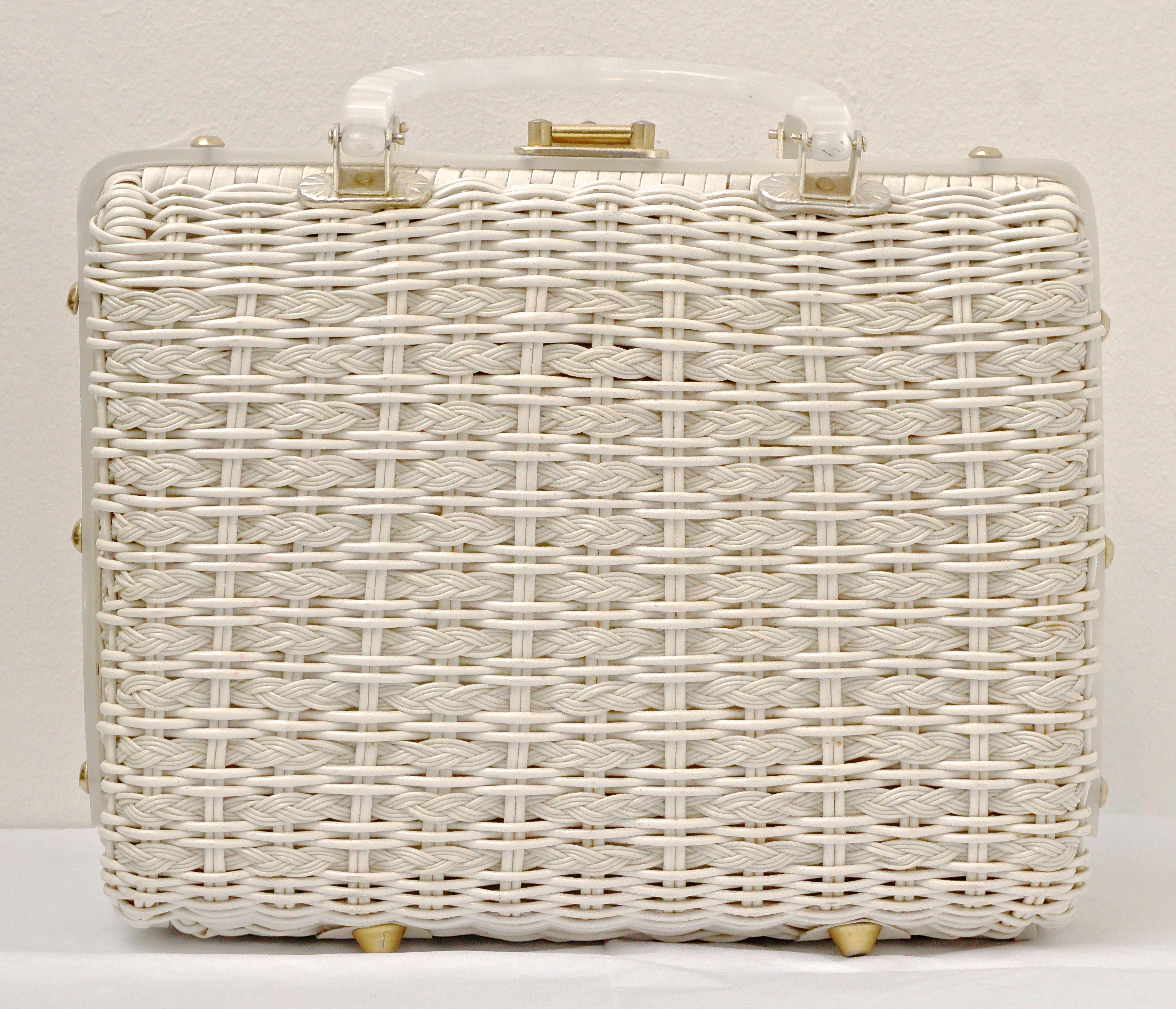 Plastic White Wicker Handbag with Beaded Floral Fabric and Lucite Frame ...