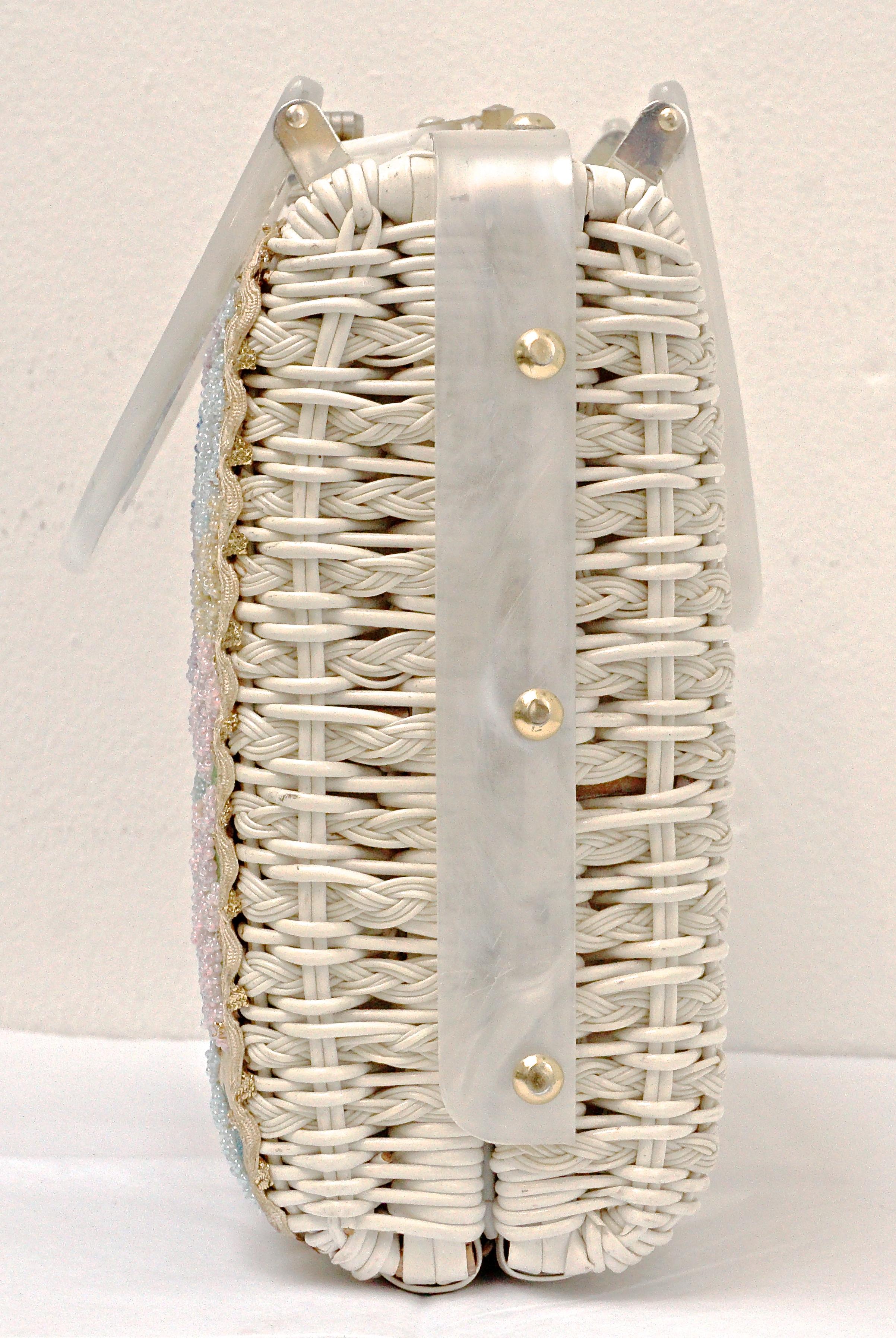 Plastic White Wicker Handbag with Beaded Floral Fabric and Lucite Frame ...