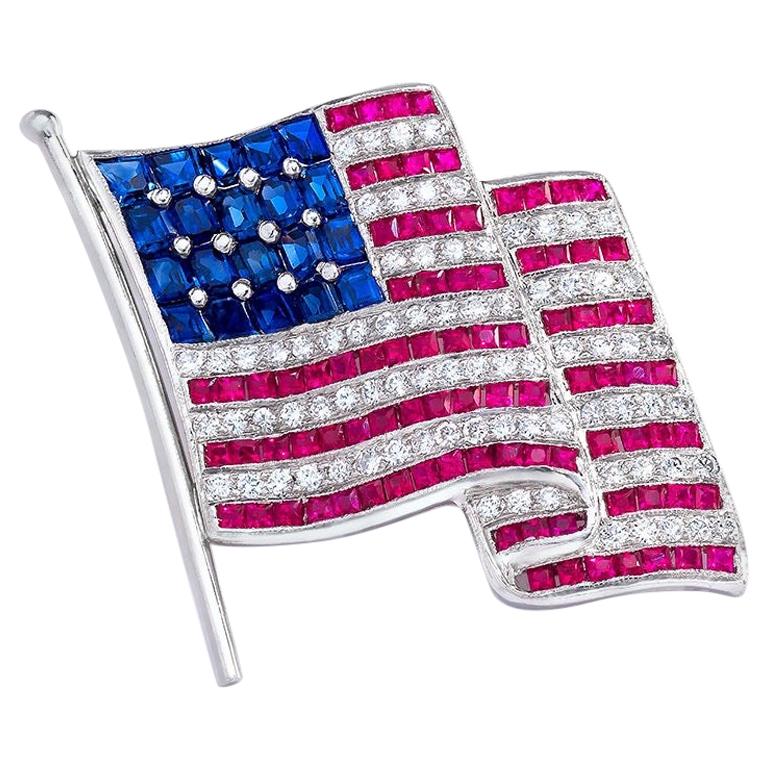 Plat 1" American Flag Brooch, .85Ct. Diamond, 1.75 Carat Ruby & 1.88Ct. Sapphire For Sale