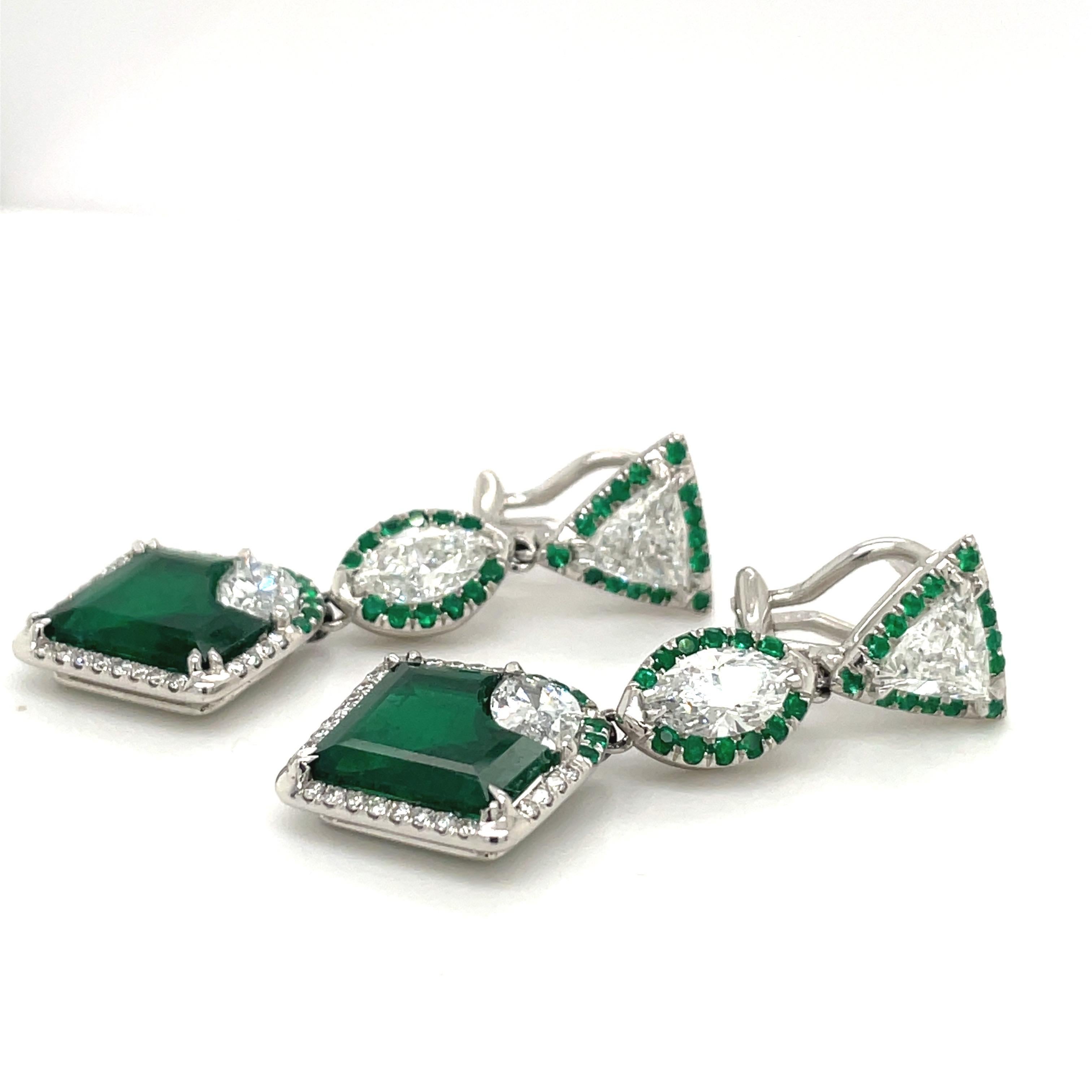 Art Deco Plat/18kt Gold, 6.74ct. Gem Quality, Heart Emerald & 11.31ct. Diamond Earrings