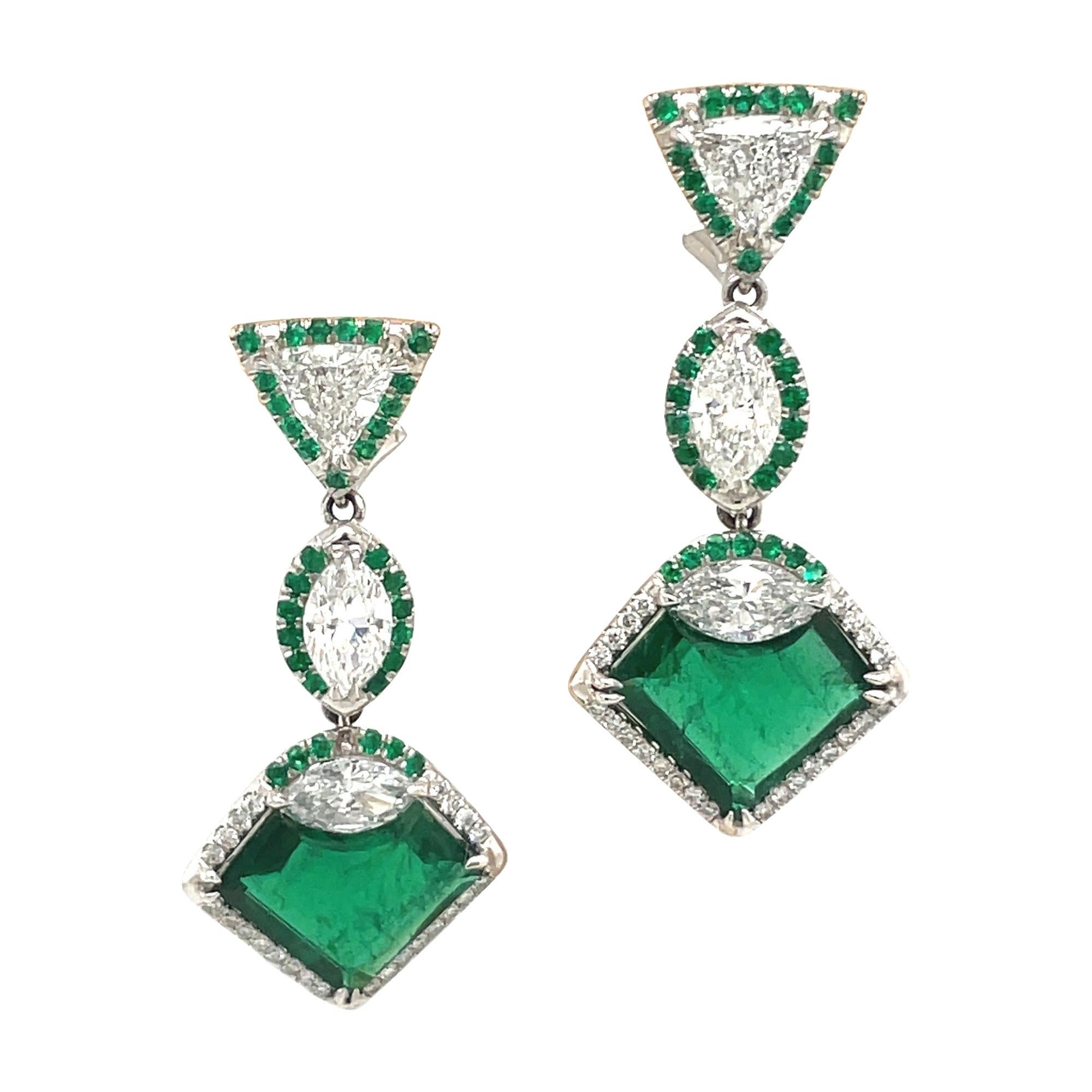 Plat/18kt Gold, 6.74ct. Gem Quality, Heart Emerald & 11.31ct. Diamond Earrings