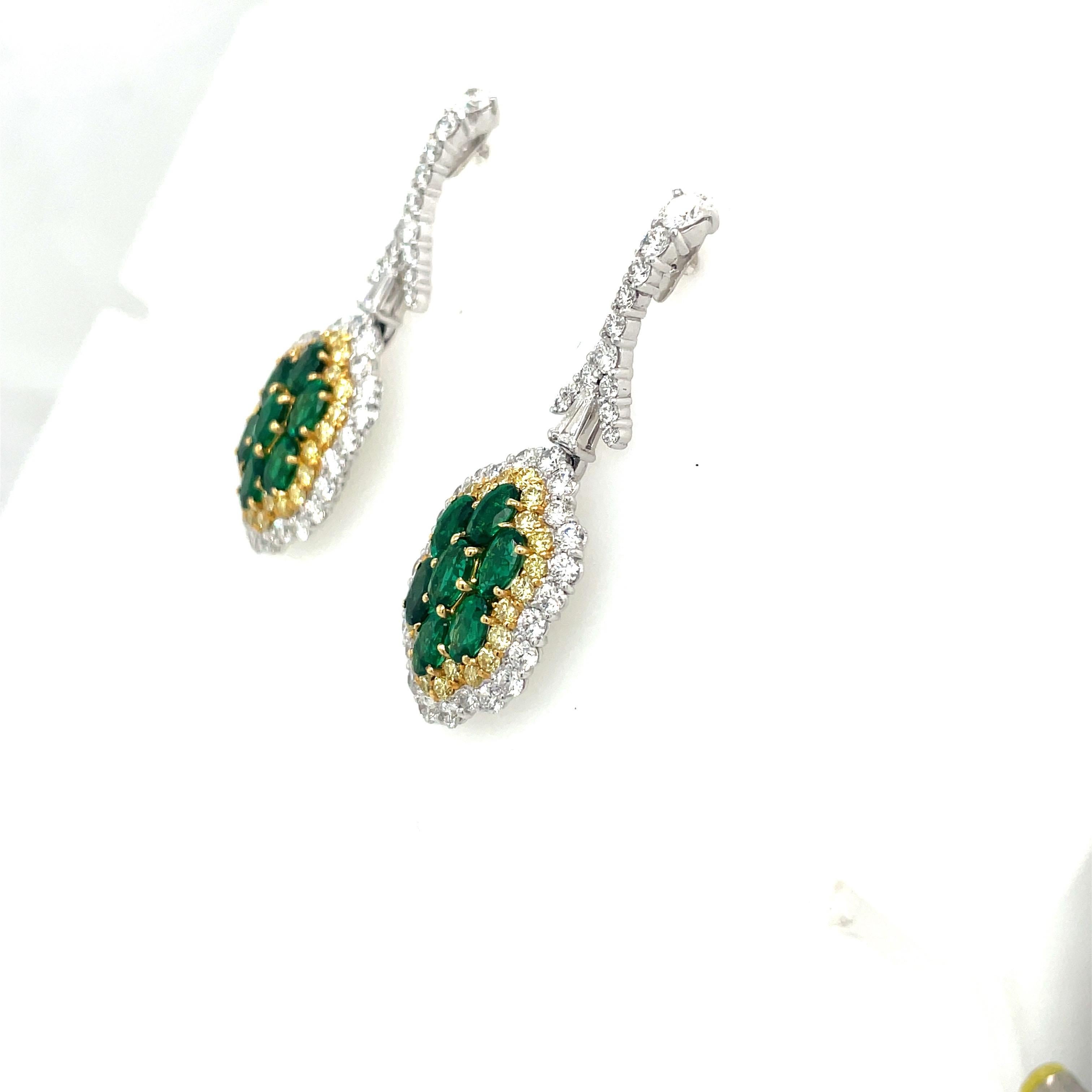 Contemporary Plat/18KT YG 3.00Ct Emerald Earrings with 2.66Ct Diamonds 1.07Ct Yellow Diamonds For Sale