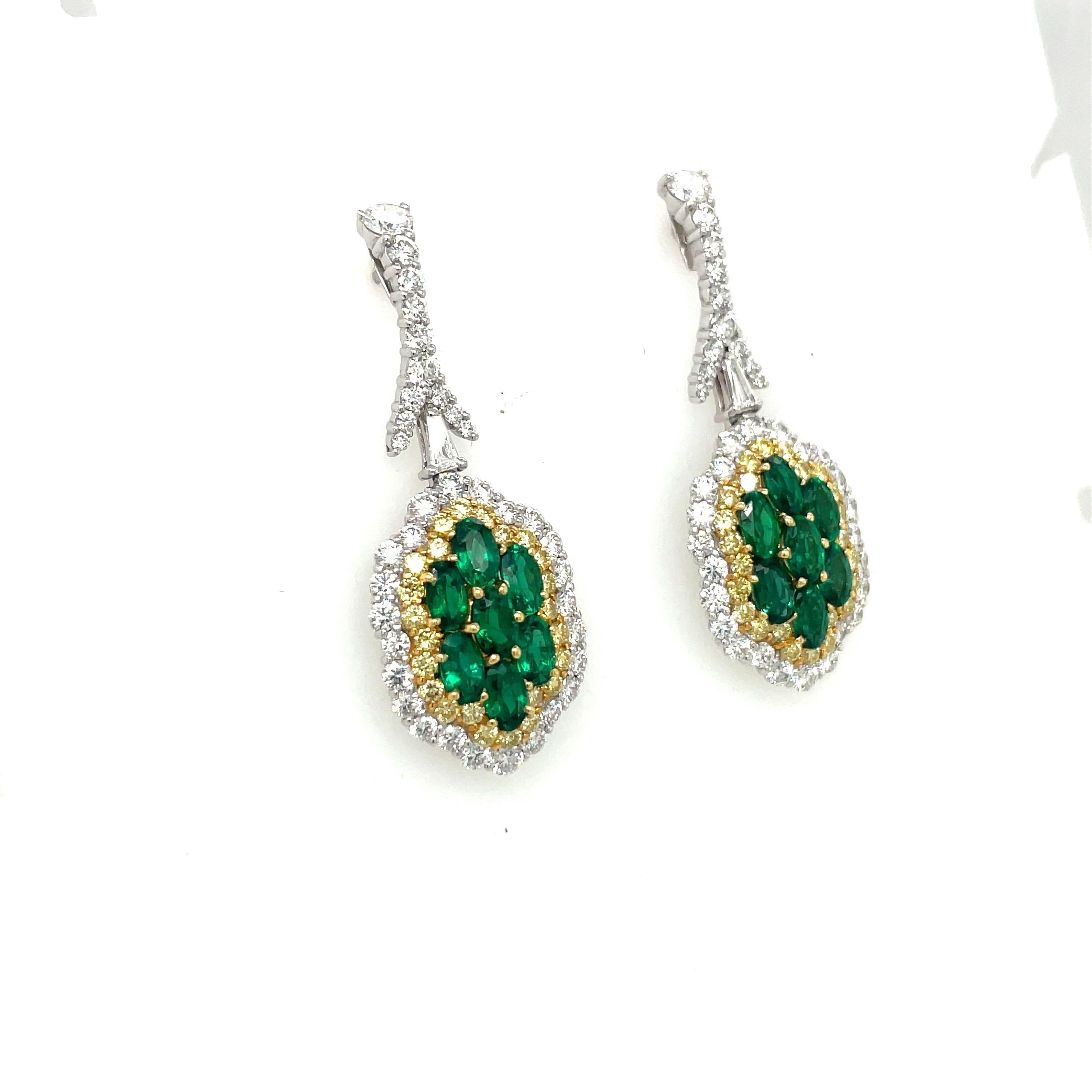 Plat/18KT YG 3.00Ct Emerald Earrings with 2.66Ct Diamonds 1.07Ct Yellow Diamonds For Sale 1