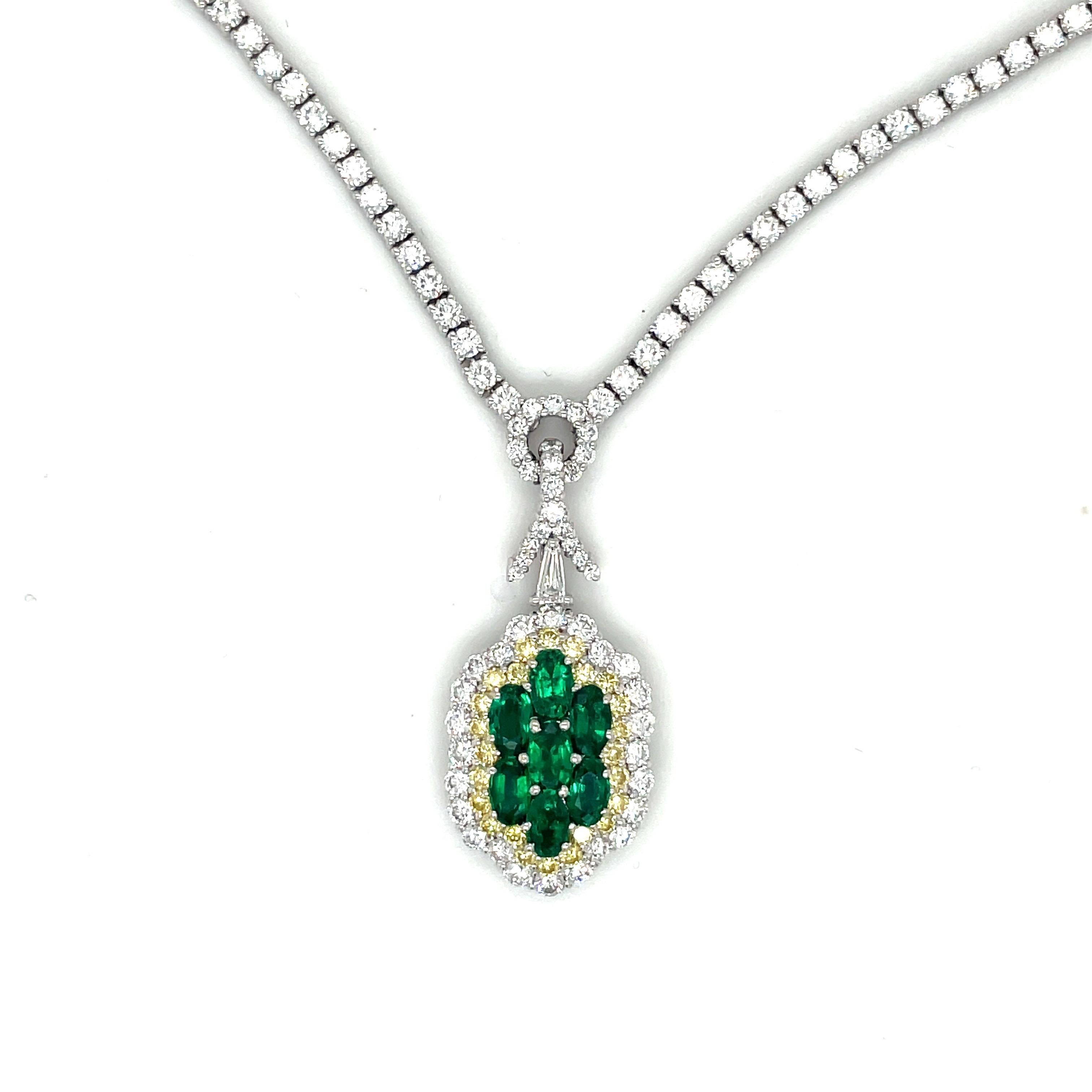 Contemporary Plat/18KT YG 7.80Ct Diamond Pendant Necklace 1.59CT Emerald .56Ct Yellow Diamond For Sale