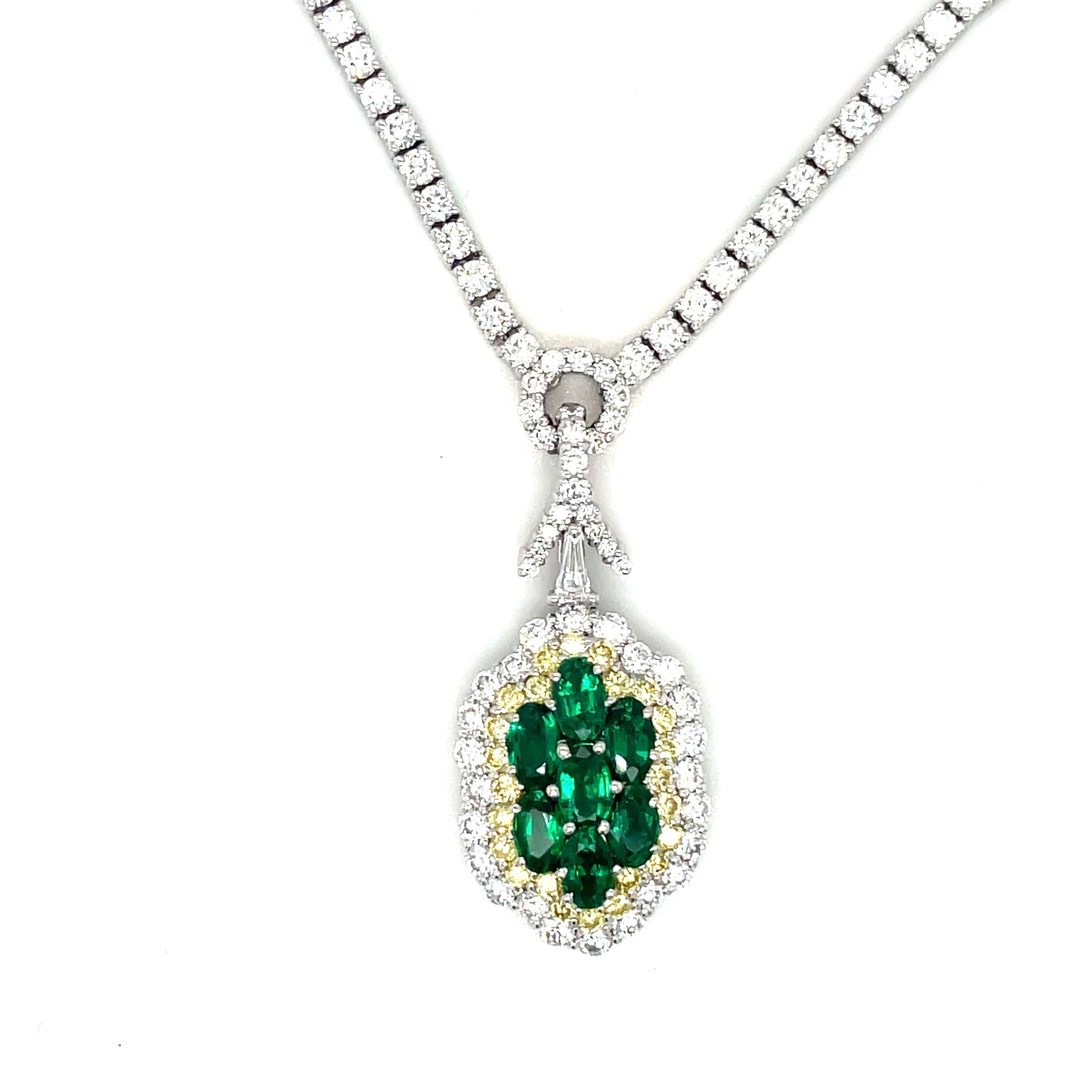 Oval Cut Plat/18KT YG 7.80Ct Diamond Pendant Necklace 1.59CT Emerald .56Ct Yellow Diamond For Sale
