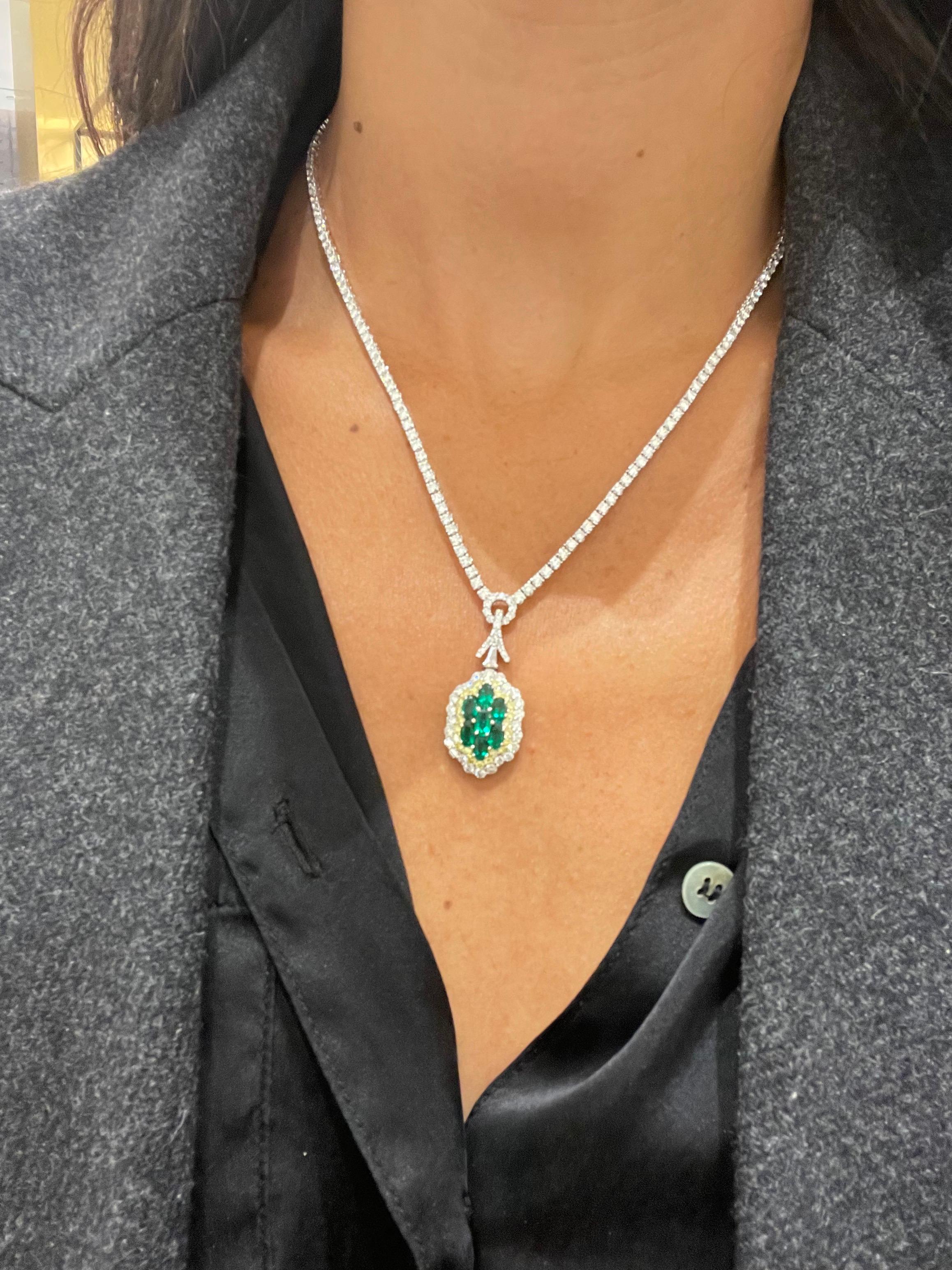 Women's or Men's Plat/18KT YG 7.80Ct Diamond Pendant Necklace 1.59CT Emerald .56Ct Yellow Diamond For Sale