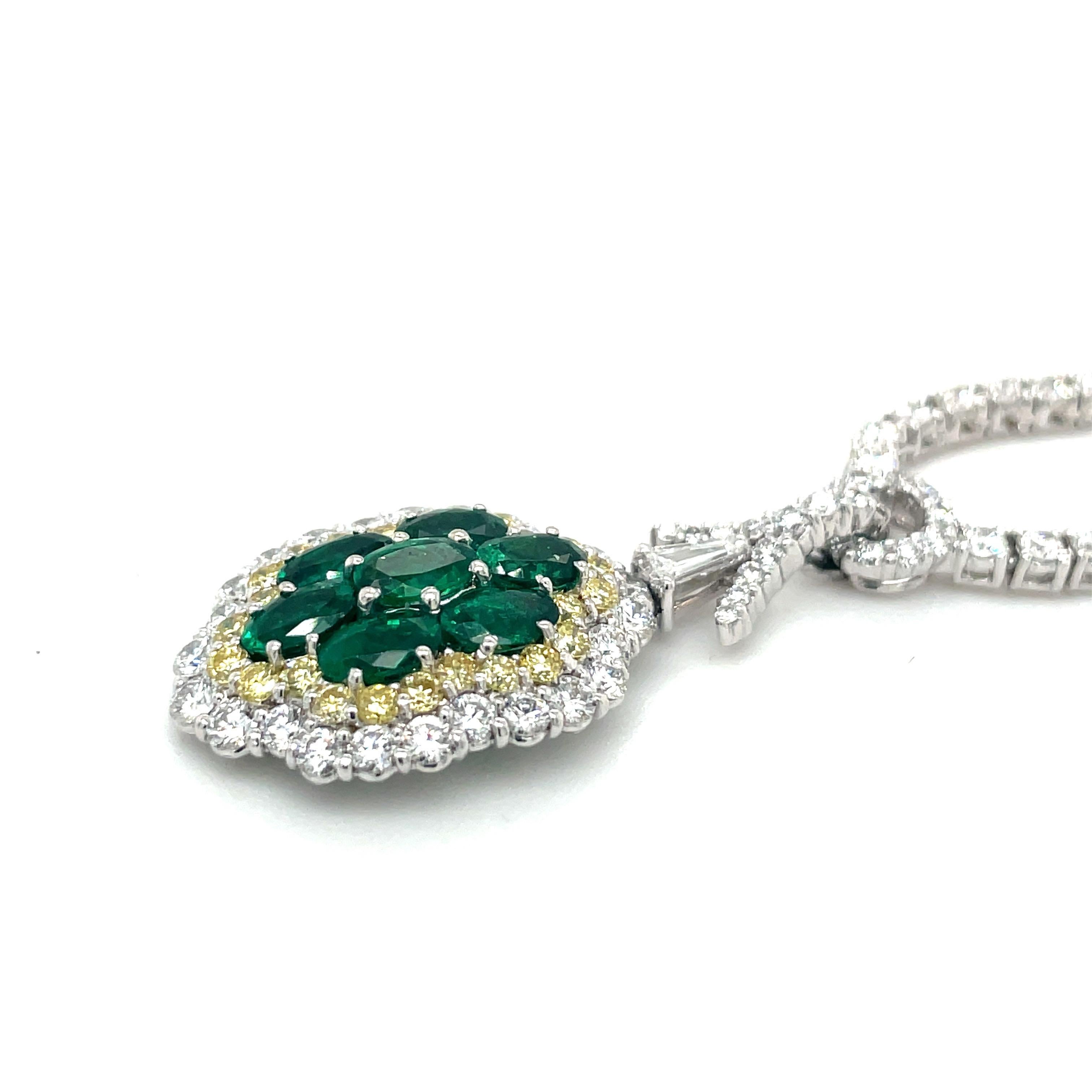 Plat/18KT YG 7.80Ct Diamond Pendant Necklace 1.59CT Emerald .56Ct Yellow Diamond For Sale 1