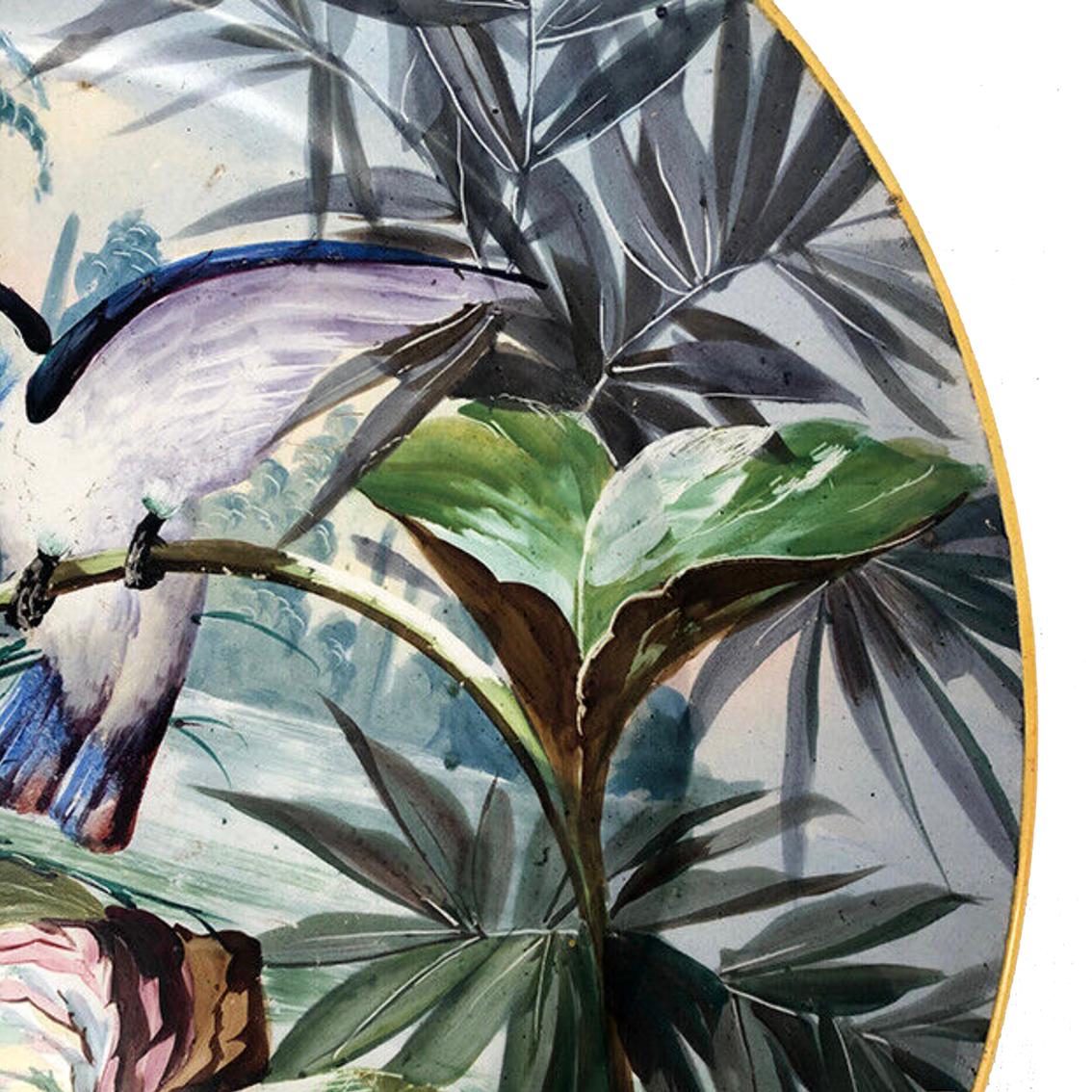 Plat décoratif faïence peint à la main Creil & Montereau, Lebeuf Milliet XIXe In Good Condition For Sale In ROYÈRE-DE-VASSIVIÈRE, FR