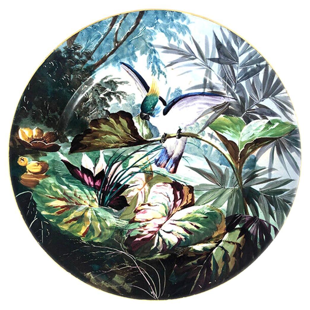 Plat décoratif faïence peint à la main Creil & Montereau, Lebeuf Milliet XIXe For Sale