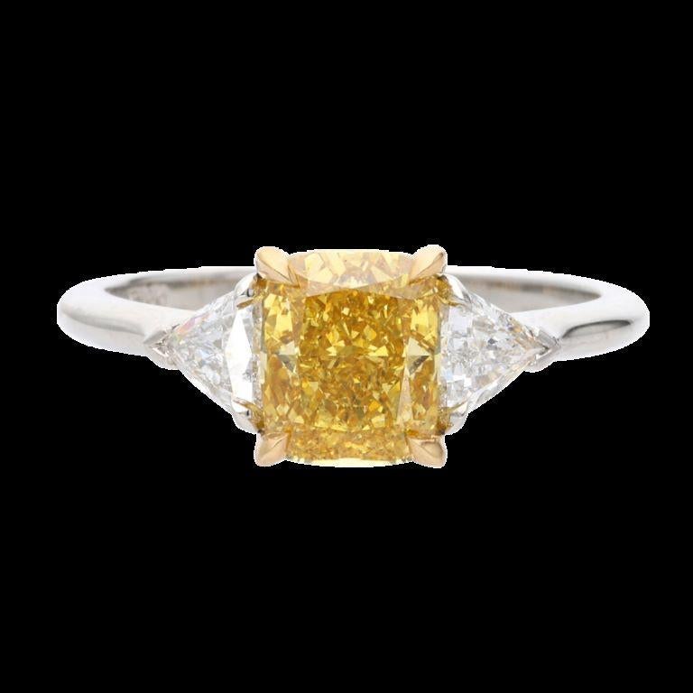 GIA Certified 1.36 Cts Cushion Cut Fancy Intense Orangy Yellow Diamond Ring  In New Condition For Sale In New York, US