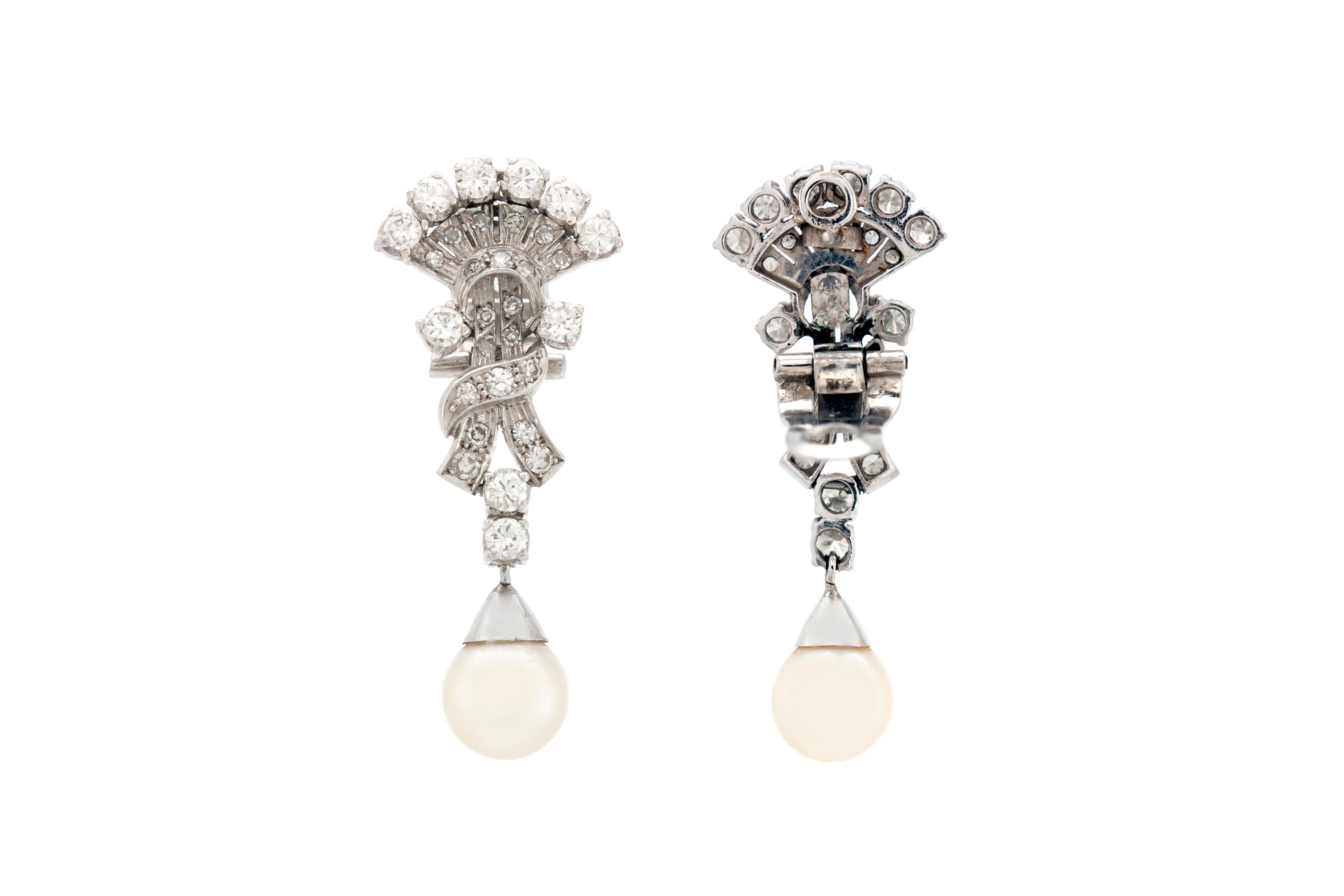 Women's 2.30 Carat Diamonds with Pearls Platinum Drop Earrings For Sale