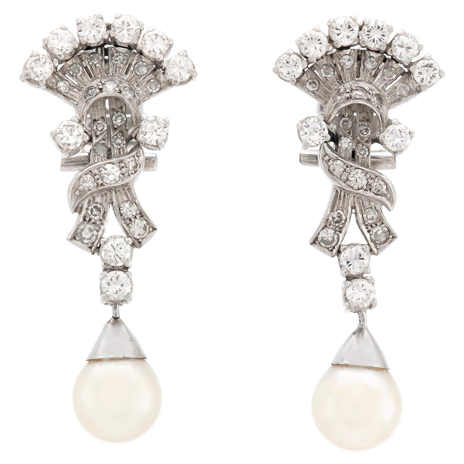 2.30 Carat Diamonds with Pearls Platinum Drop Earrings For Sale
