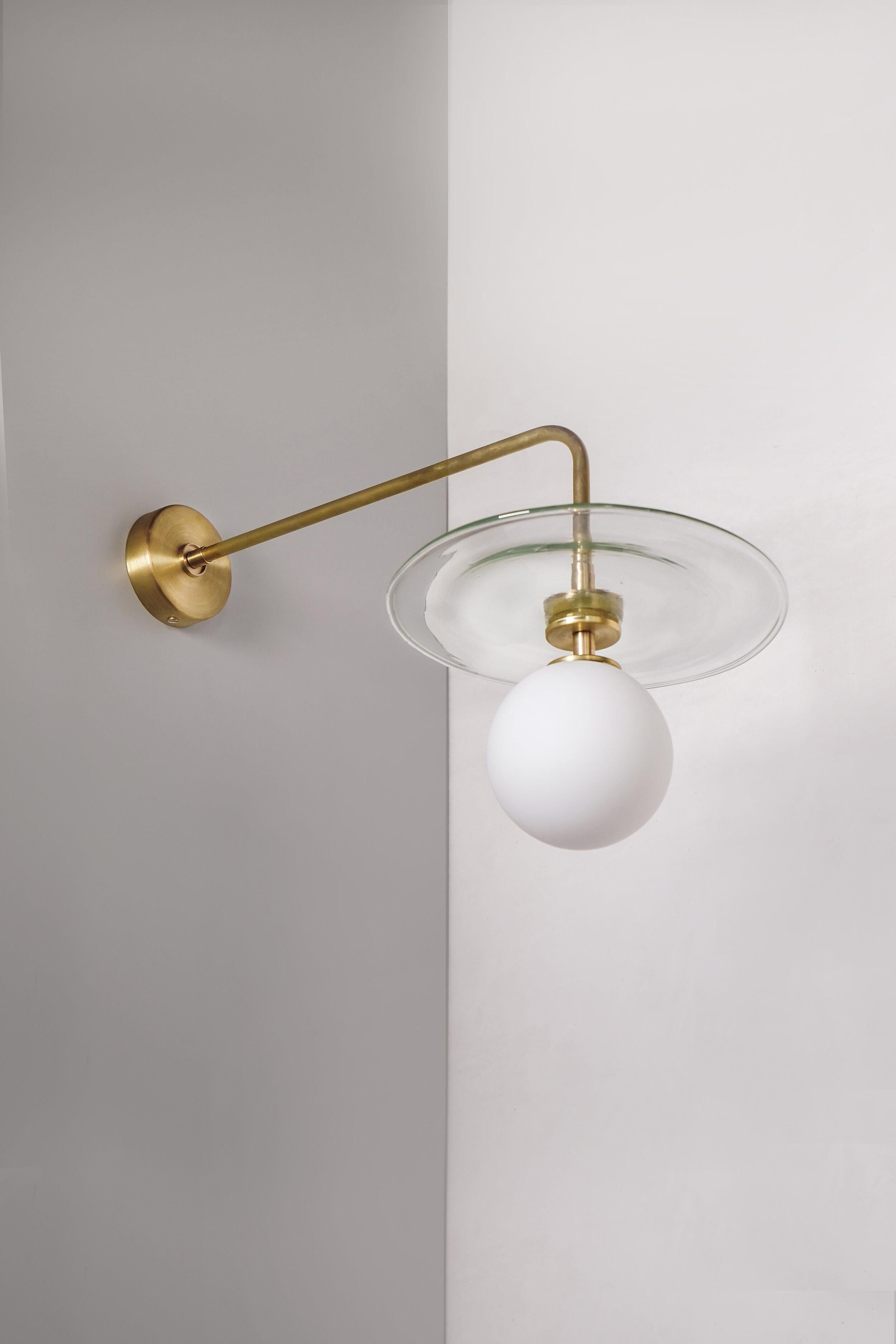 Plat Mini wall light by Contain
Dimensions: D22.5 x W26 x H48 cm 
Materials:Brass structure, opal glass and blown glass from local production.
Available in different finishes.

All our lamps can be wired according to each country. If sold to