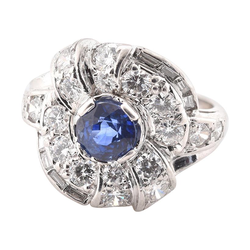 Platinum Sapphire and Diamond Cluster Ring