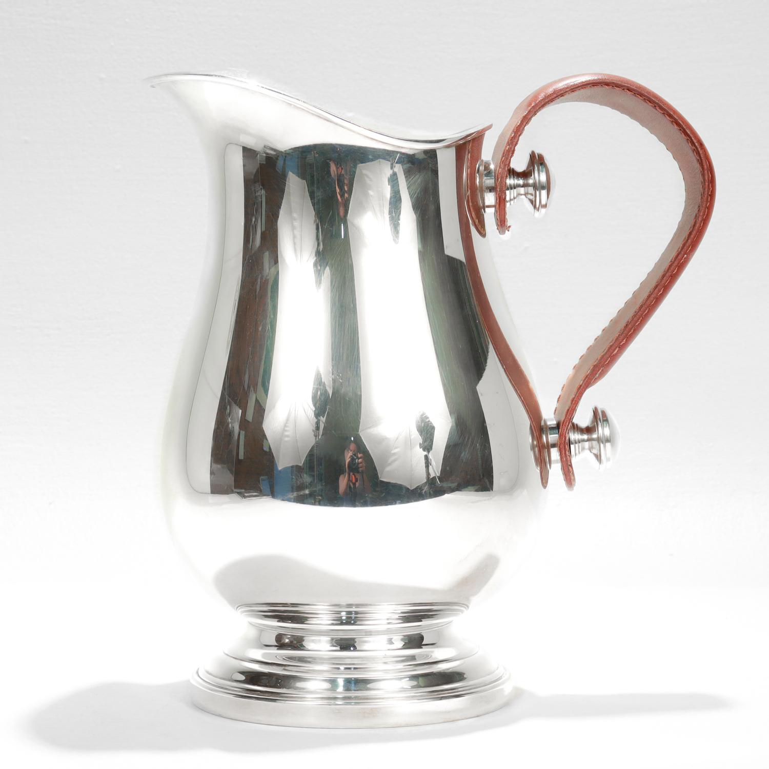 Modern Plata Lappas Leather Handled Argentinian Silver Plated Water Pitcher For Sale