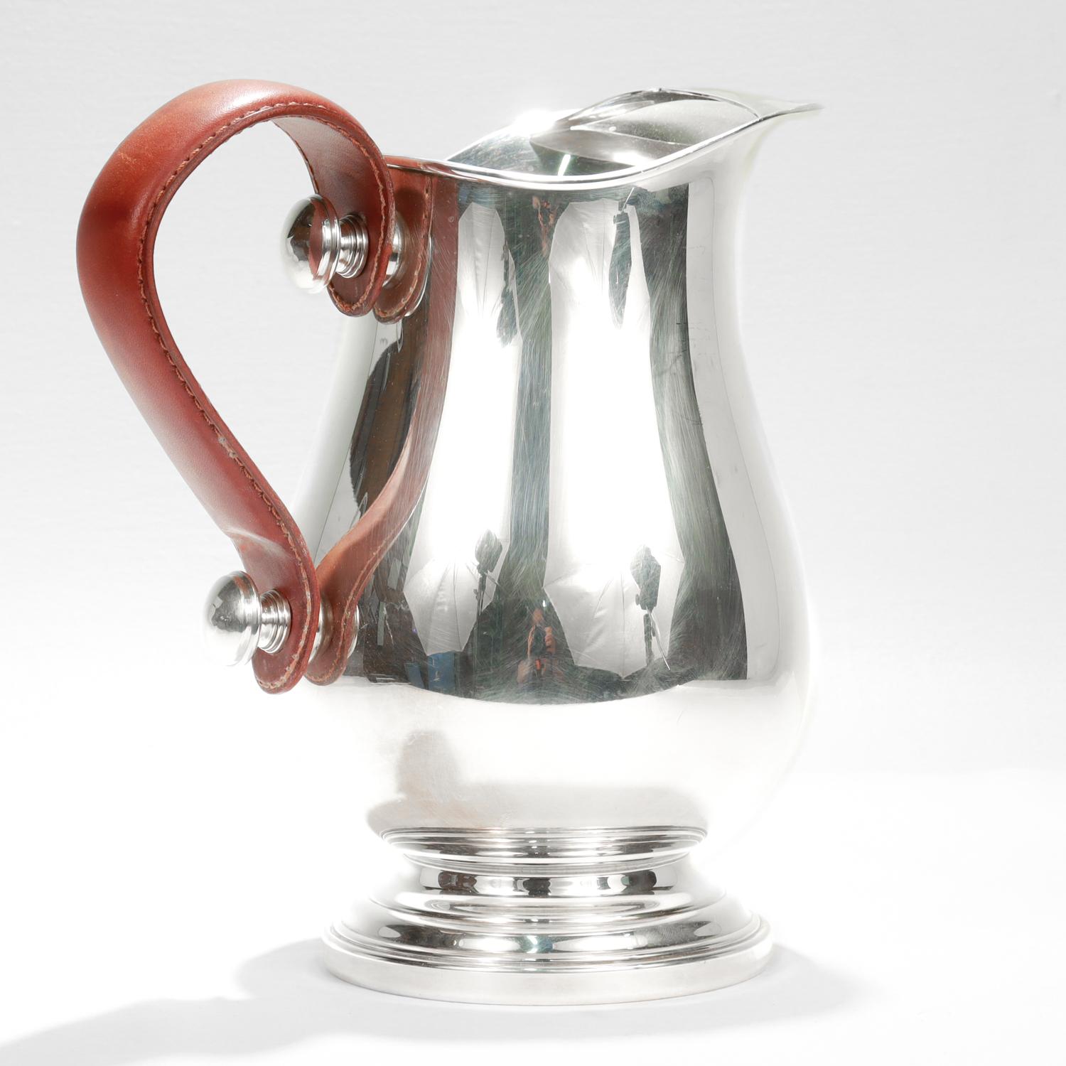 20th Century Plata Lappas Leather Handled Argentinian Silver Plated Water Pitcher For Sale