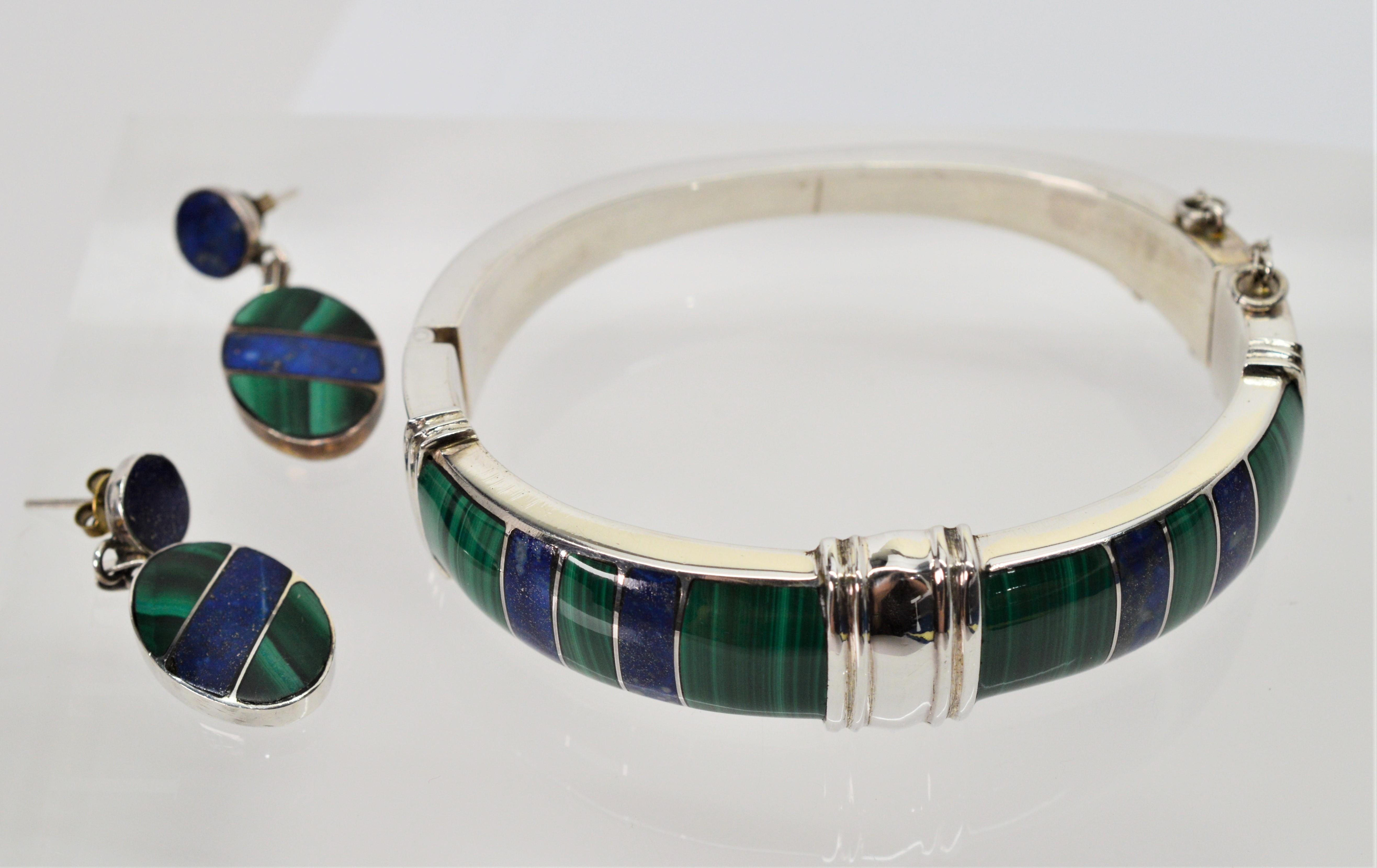 Uncut Plata Sterling Silver Natural Lapis Malachite Bracelet and Earring Set For Sale