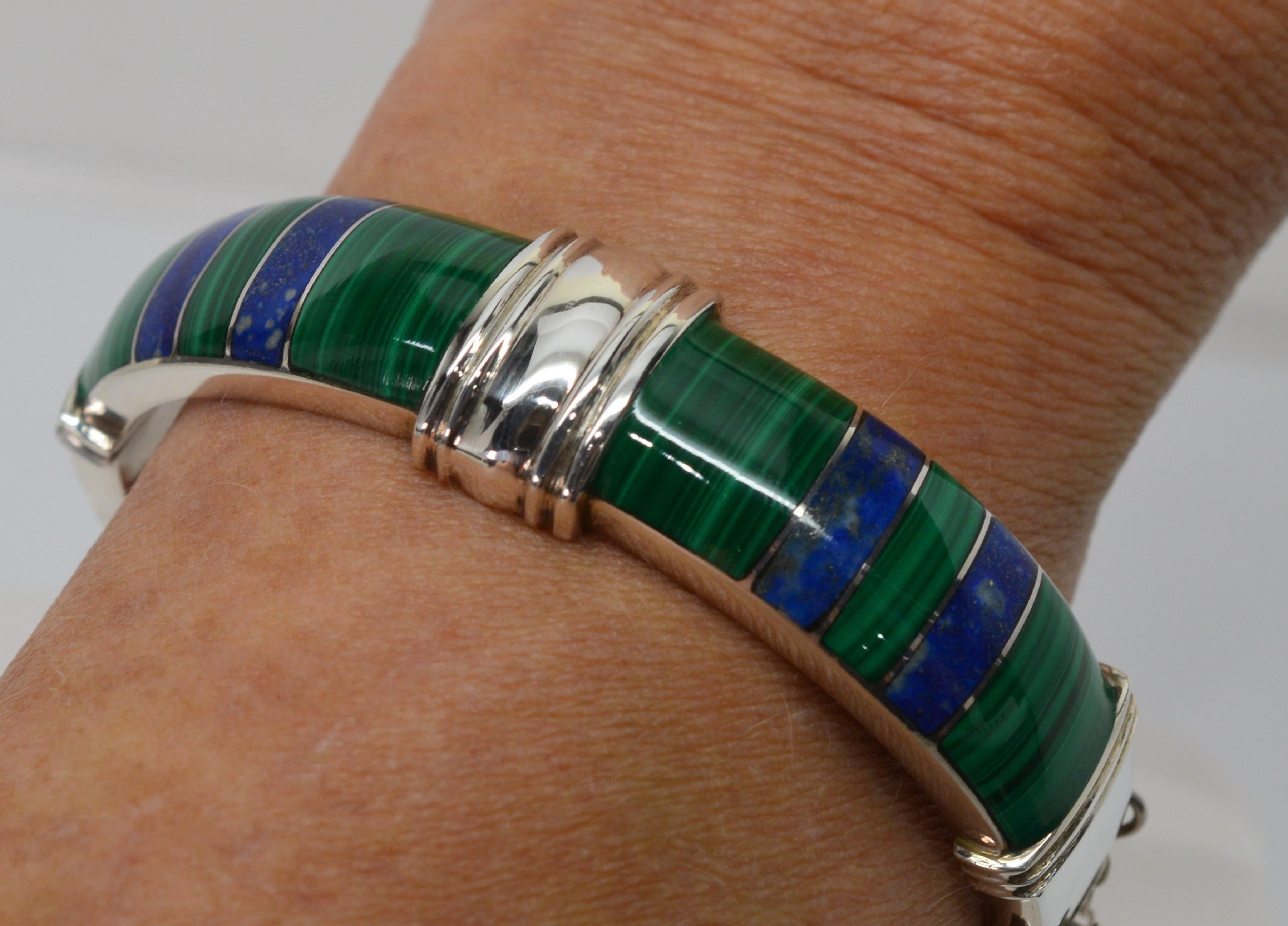 Plata Sterling Silver Natural Lapis Malachite Bracelet and Earring Set In Good Condition In Mount Kisco, NY
