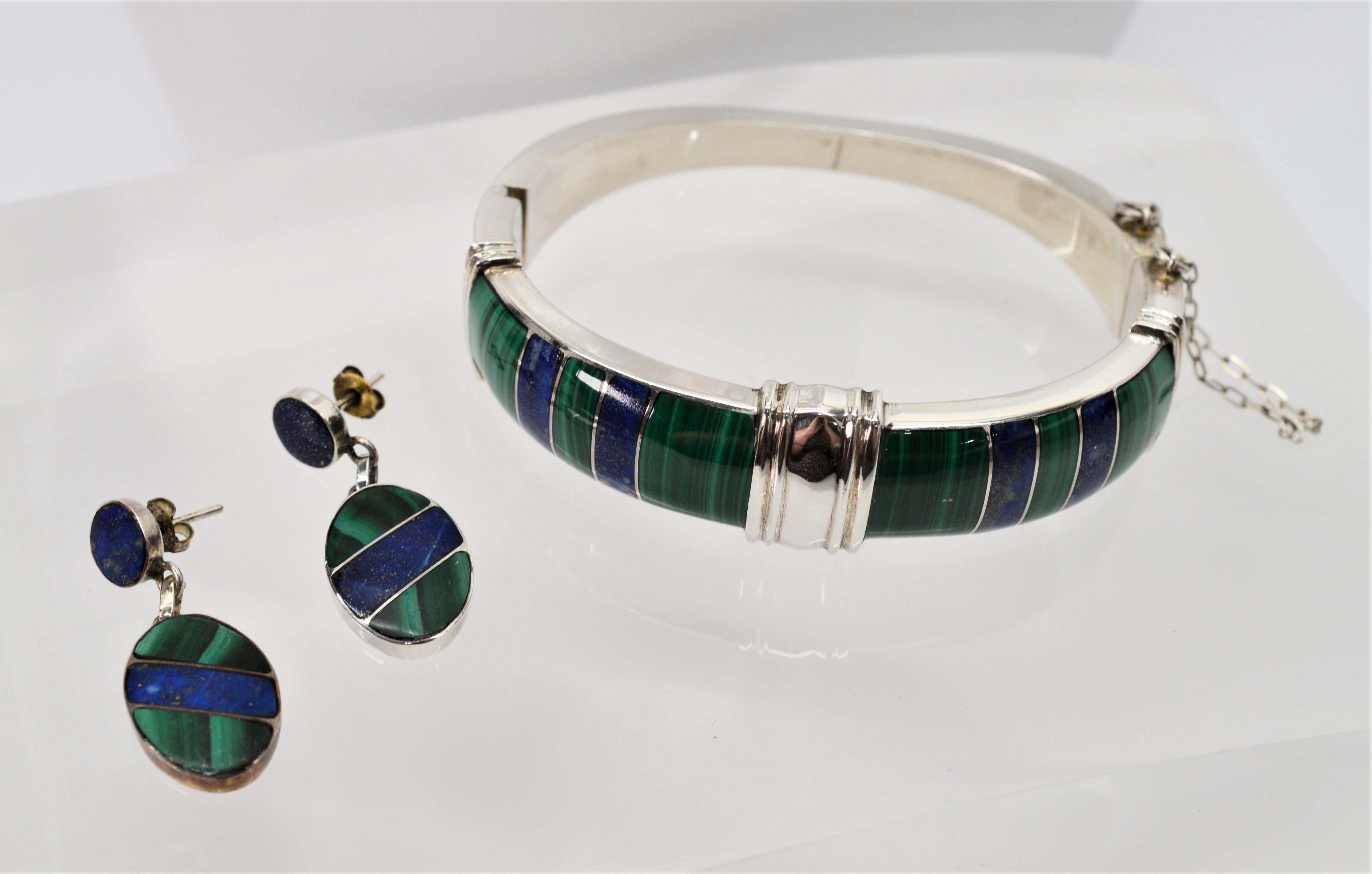 Women's Plata Sterling Silver Natural Lapis Malachite Bracelet and Earring Set For Sale