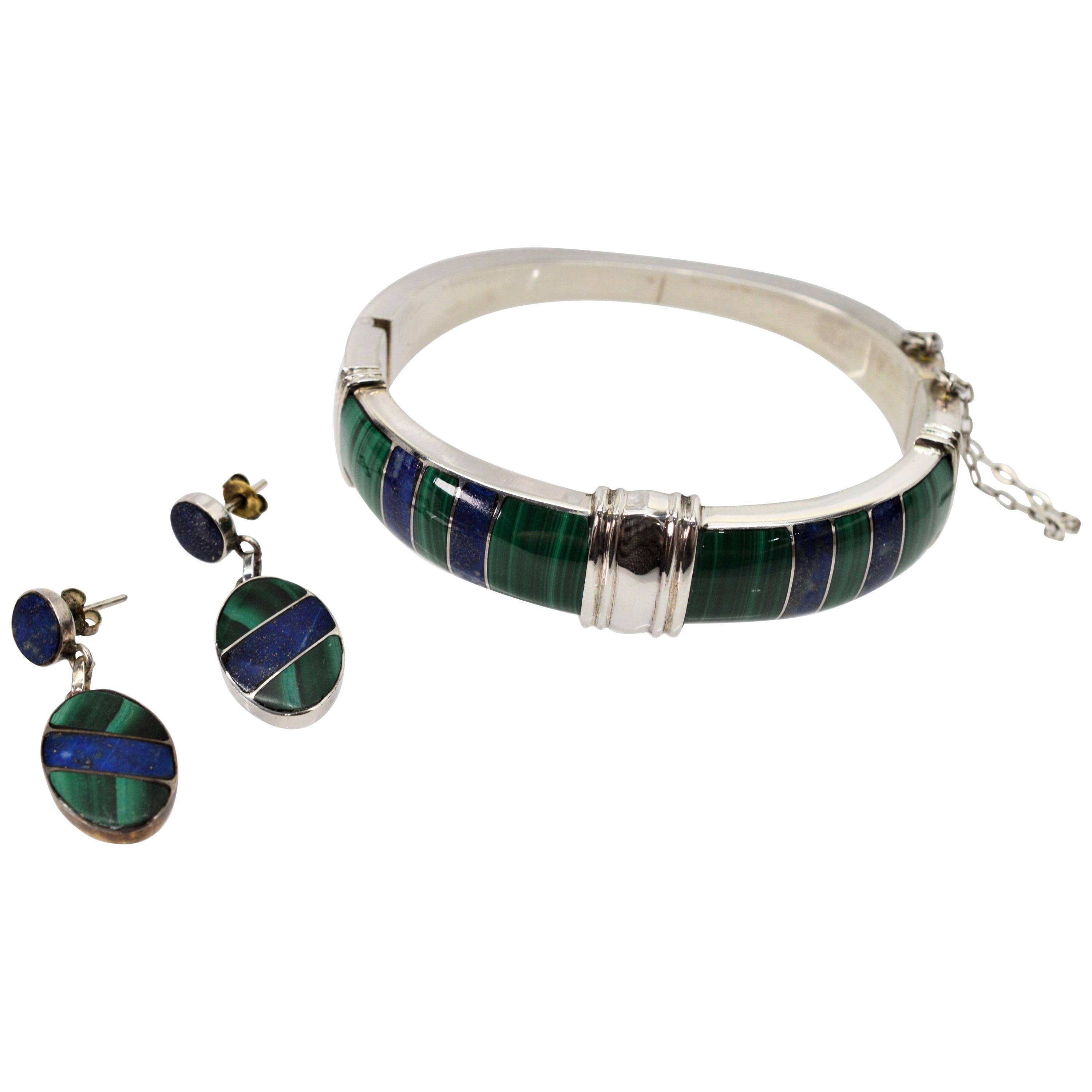 Plata Sterling Silver Natural Lapis Malachite Bracelet and Earring Set For Sale