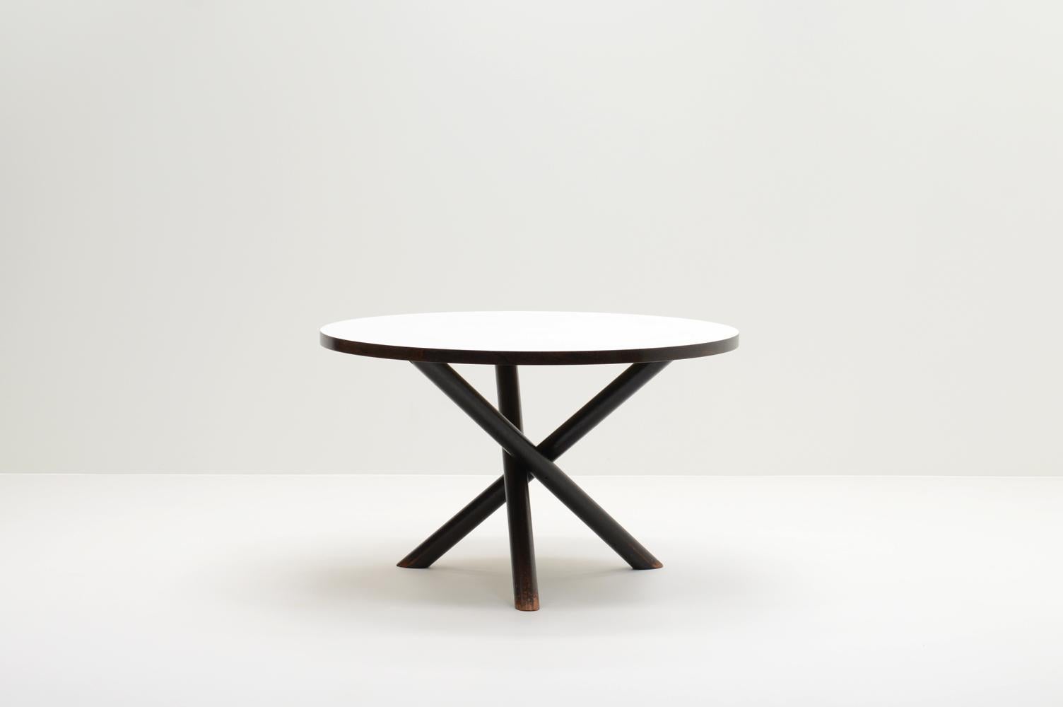 Plataan dining table by Gerard Geytenbeek for Zwijnenburg Meubel, Netherlands 1960s. Zwijnenburg Meubel is later known as AZS (Aart Zwijnenburg Schoonhoven) becouse of the international growth of the company. Solid stained wood base and white