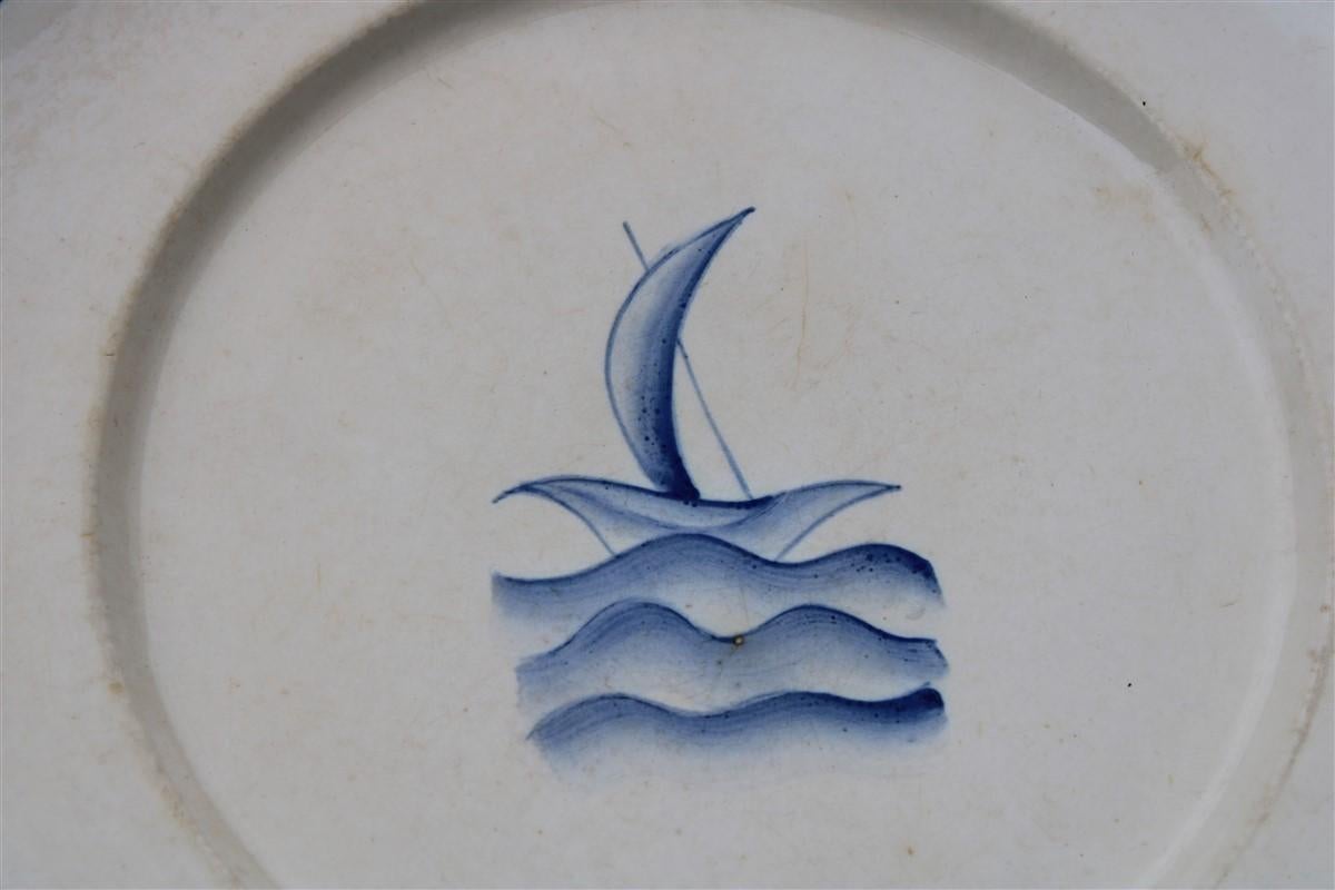 Art Deco Plate by Gio Ponti from 1930 small boat on the waves the blue sea San Cristoforo For Sale