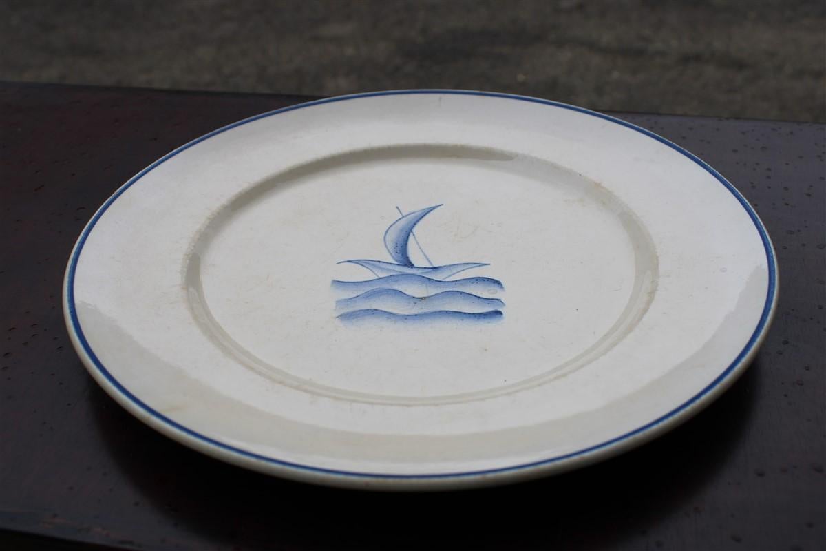 Italian Plate by Gio Ponti from 1930 small boat on the waves the blue sea San Cristoforo For Sale