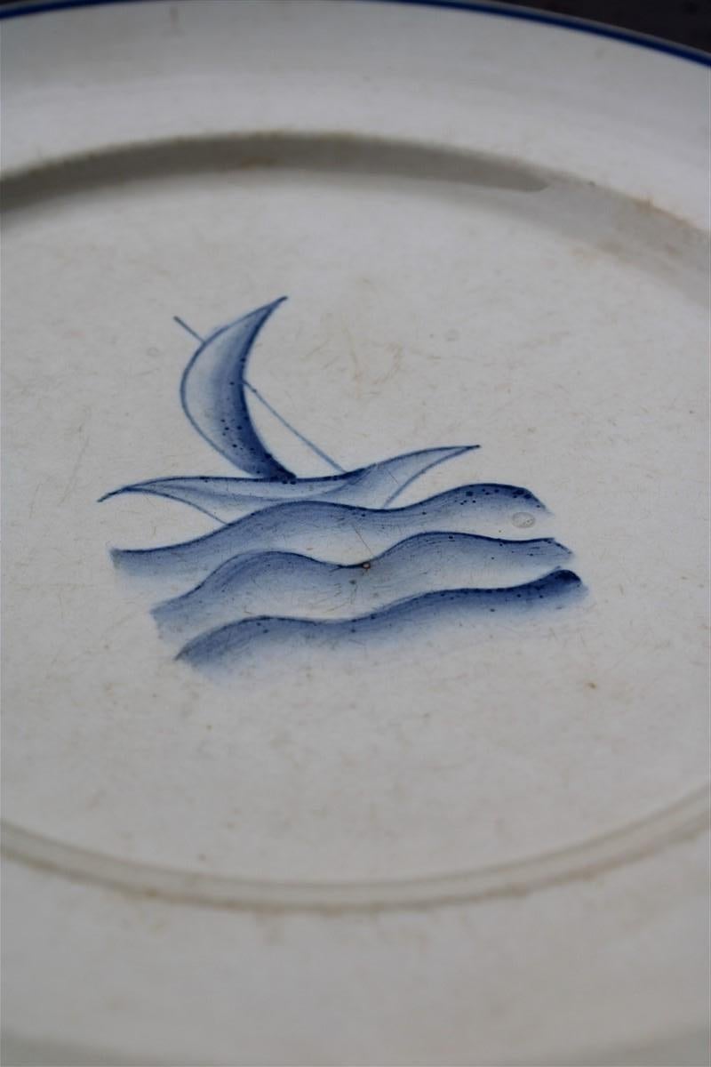 Ceramic Plate by Gio Ponti from 1930 small boat on the waves the blue sea San Cristoforo For Sale
