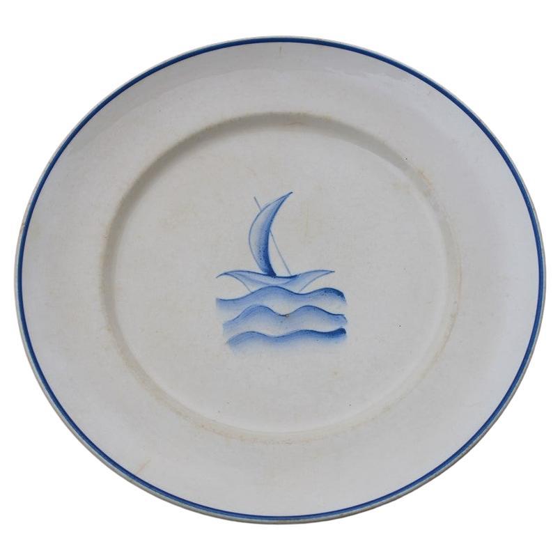 Plate by Gio Ponti from 1930 small boat on the waves the blue sea San Cristoforo For Sale
