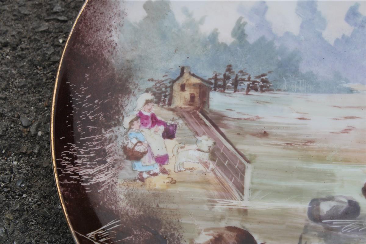 Italian Plate decorated and hand painted 1930 with children and countryside Porcelain  For Sale