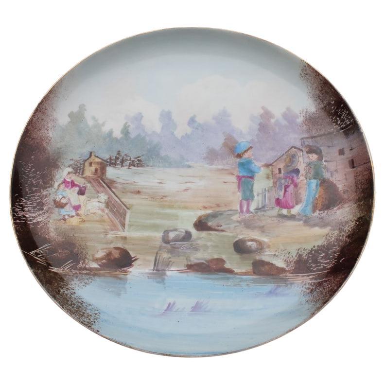 Plate decorated and hand painted 1930 with children and countryside Porcelain  For Sale