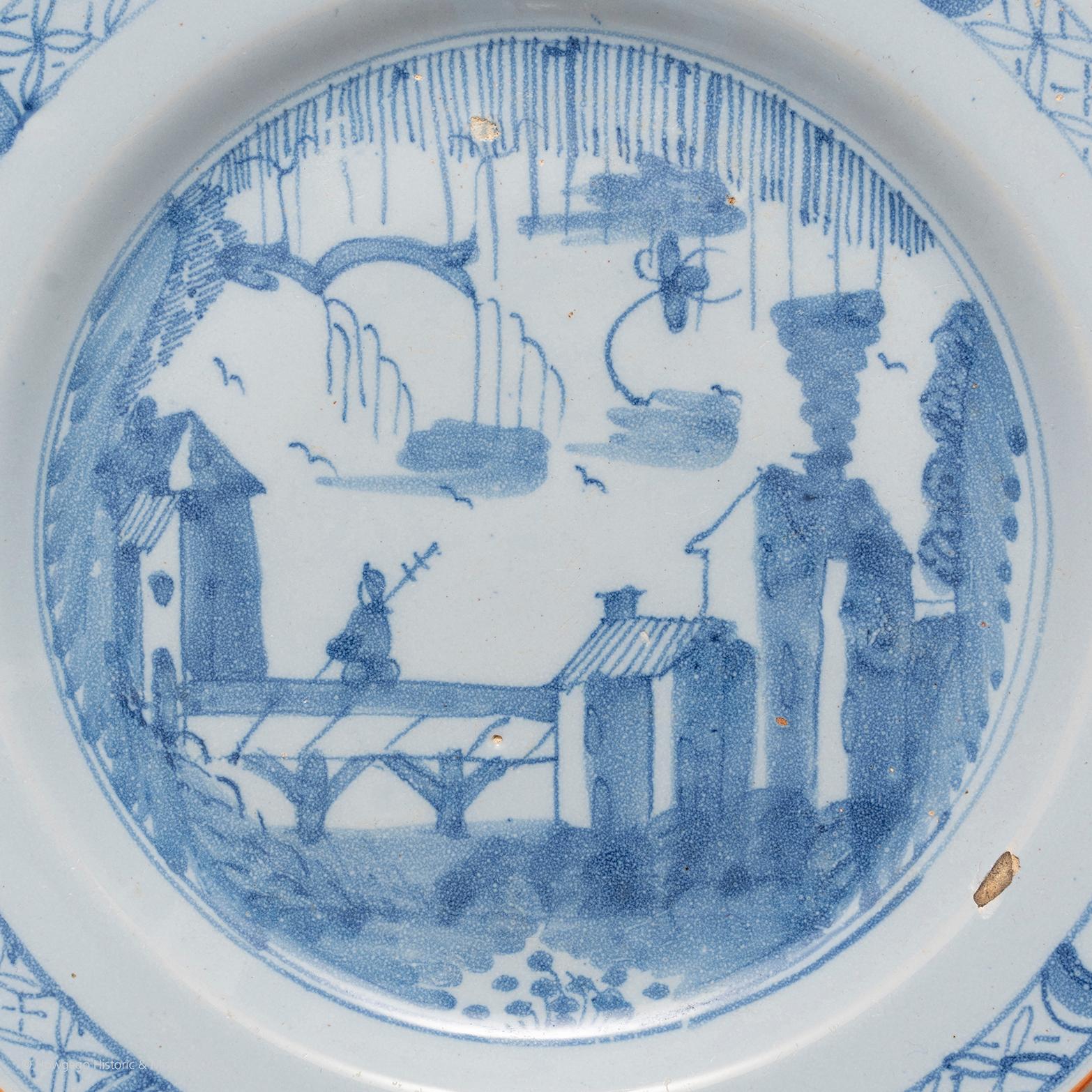 English Plate Delft Liverpool Blue White Soldier Bridge, Europe Chinoiserie For Sale