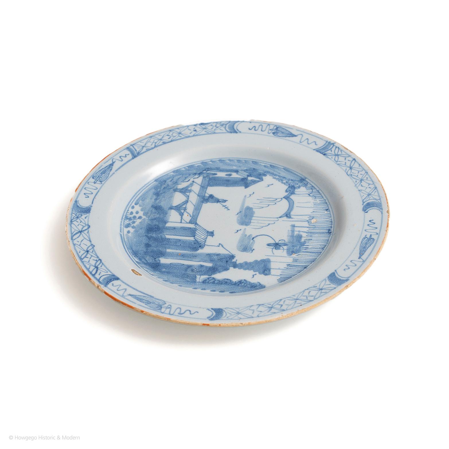 Plate Delft Liverpool Blue White Soldier Bridge, Europe Chinoiserie In Excellent Condition For Sale In BUNGAY, SUFFOLK