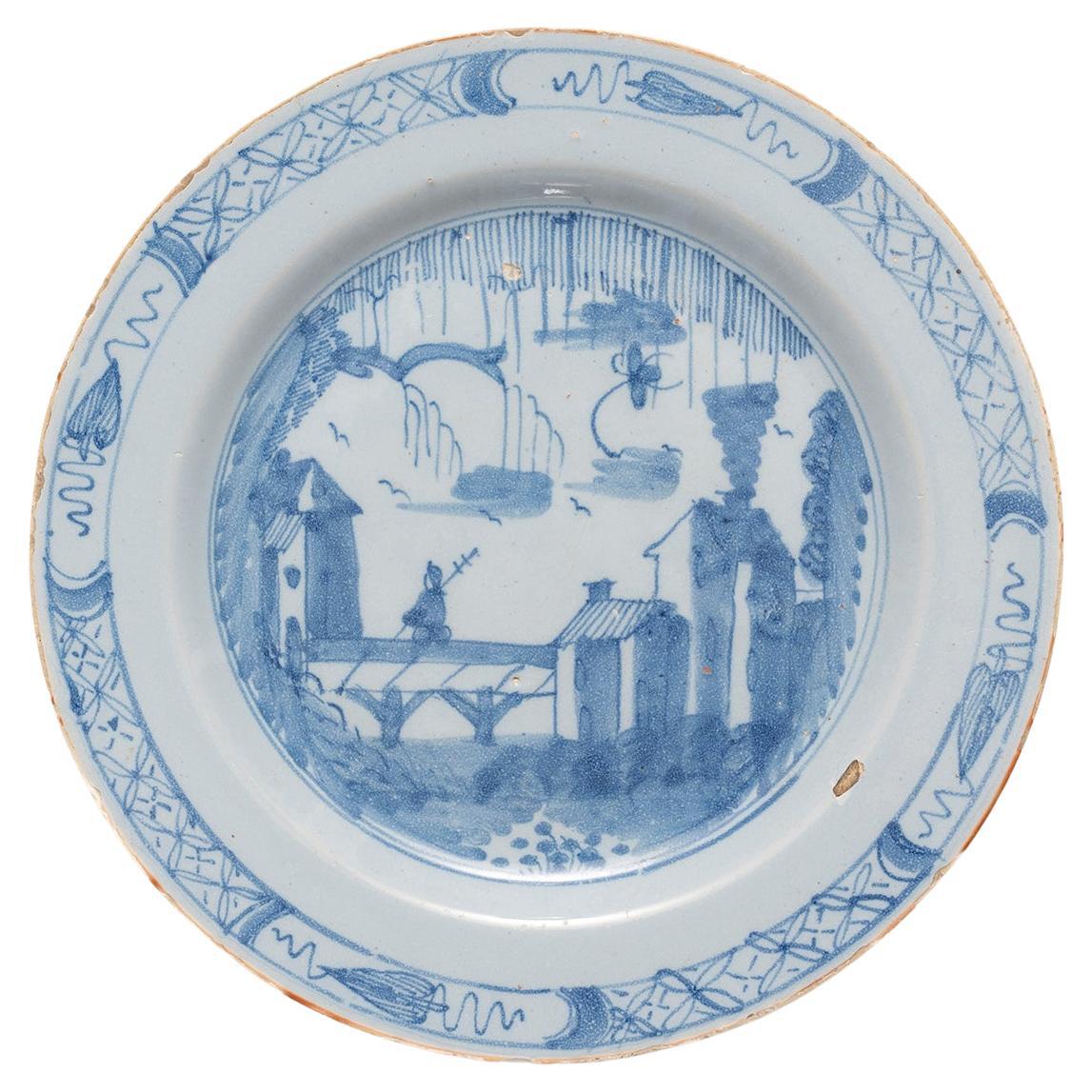 Plate Delft Liverpool Blue White Soldier Bridge, Europe Chinoiserie For Sale