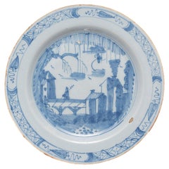 Antique Plate Delft Liverpool Blue White Soldier Bridge, Europe Chinoiserie