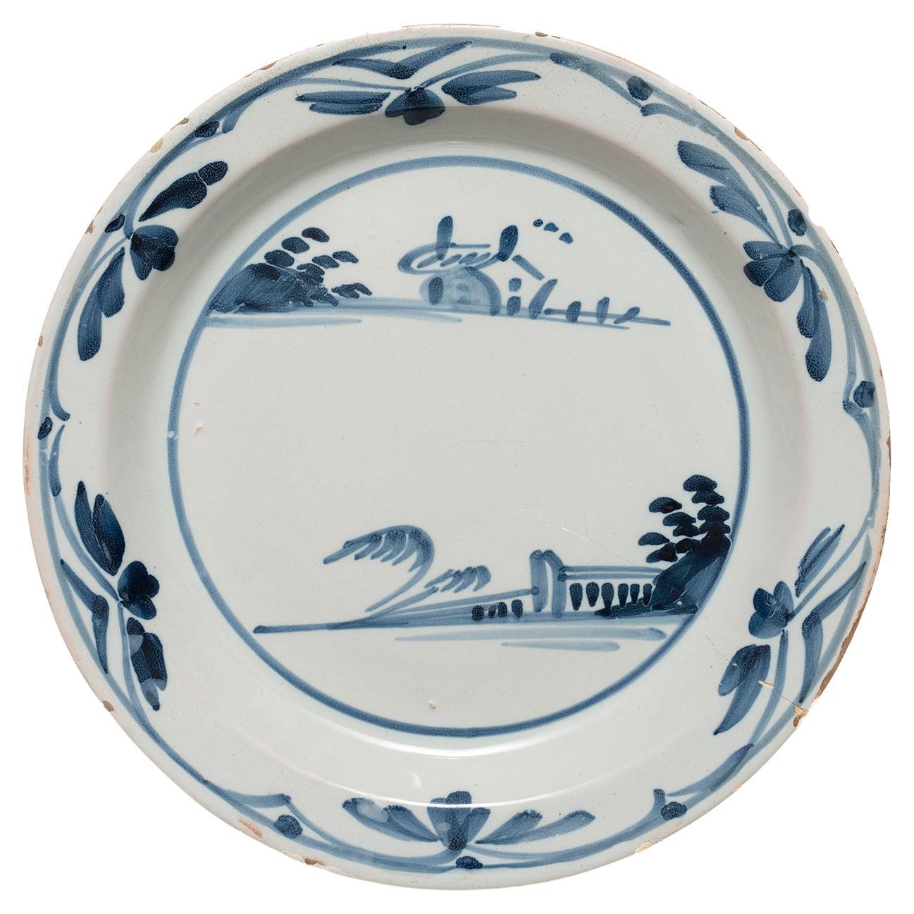 Plate delft London Chinoiserie landscape blue white pottery diameter 22.5cm 9" For Sale