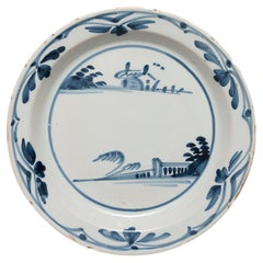 Antique Plate delft London Chinoiserie landscape blue white pottery diameter 22.5cm 9"