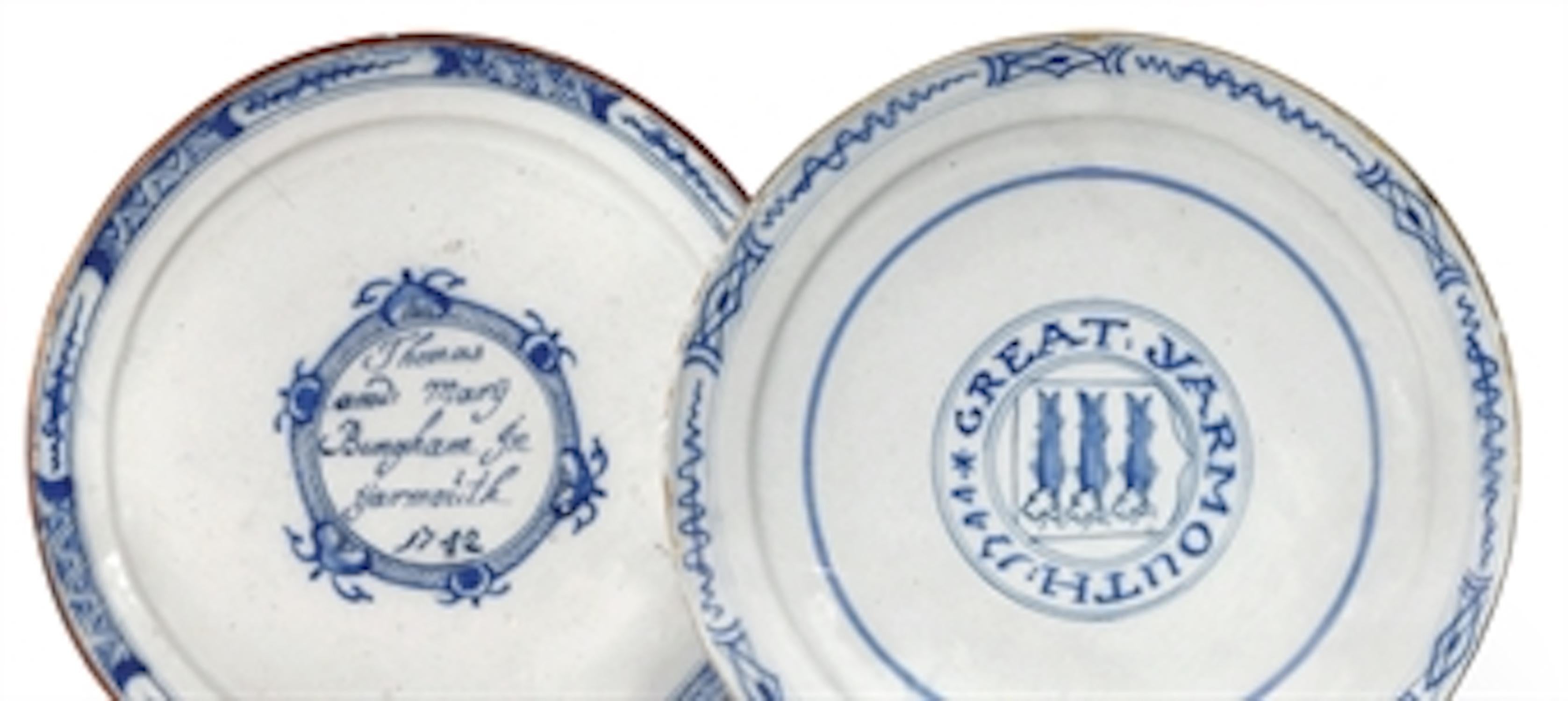 Hand-Painted Plate, Delftware, 1742, Dutch, Thomas and Mary Bingham, Yarmouth, 1742, Suffolk For Sale