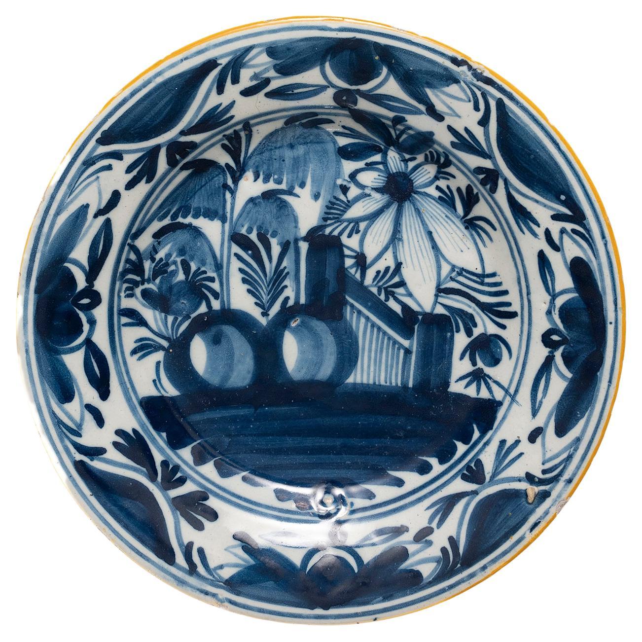Plate delftware Dutch blue white yellow diameter 23cm 9" Chinoiserie landscape For Sale
