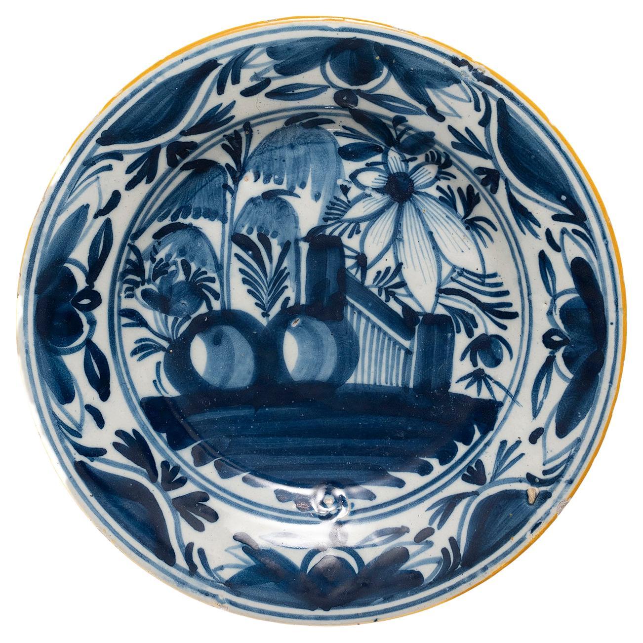 Niederländischer blau-weiß-gelber Delfter Teller mit Durchmesser 23cm 9 Chinoiserie-Landschaft