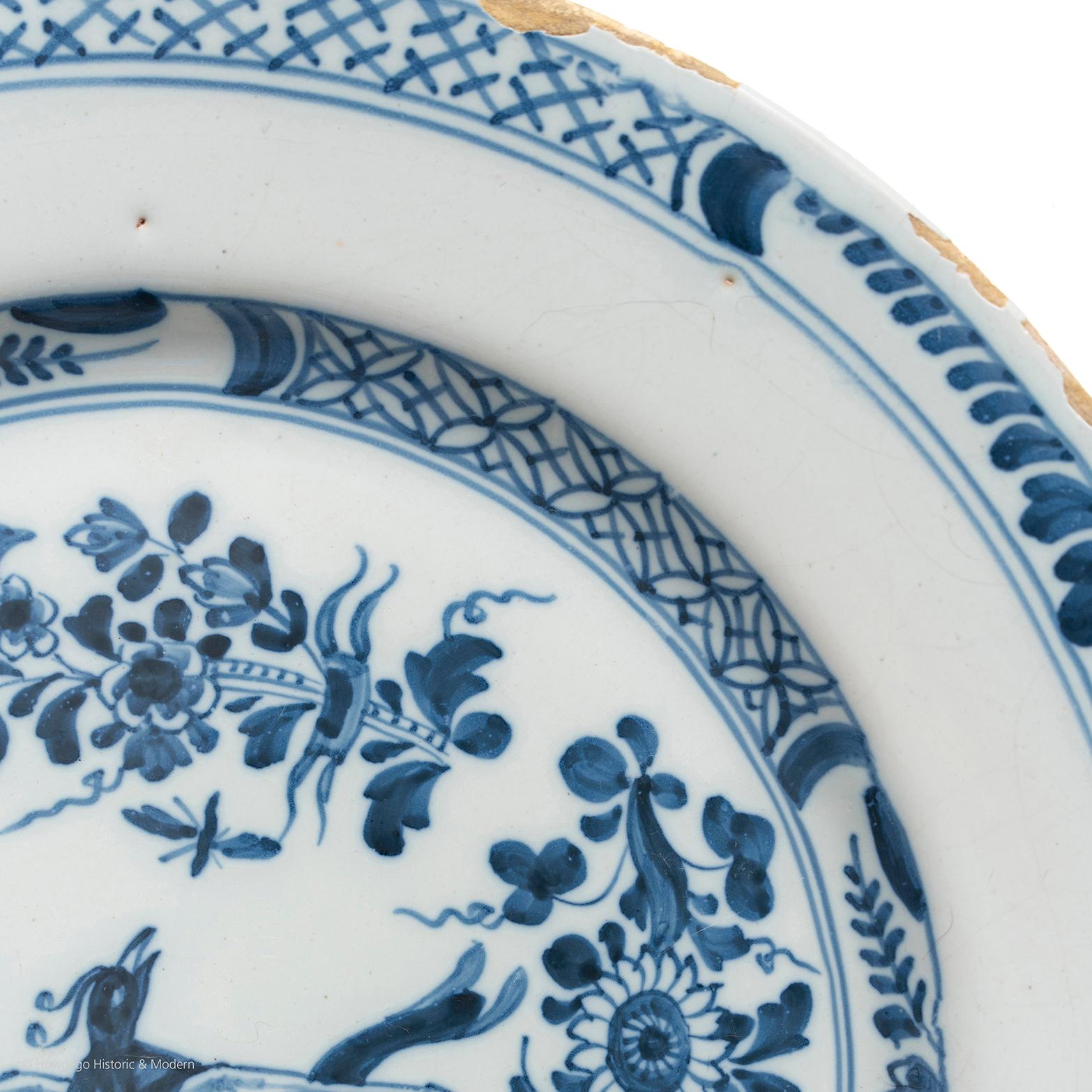 Platte, Delfter Porzellan, Englisch, London, blauer weißer Vogel, Chinoiserie- Fantasie 23cm 9 (Handbemalt) im Angebot