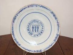 Plate Delftware, Inscribed 1744, Dutch, Great Yarmouth, Blue and White, Herring