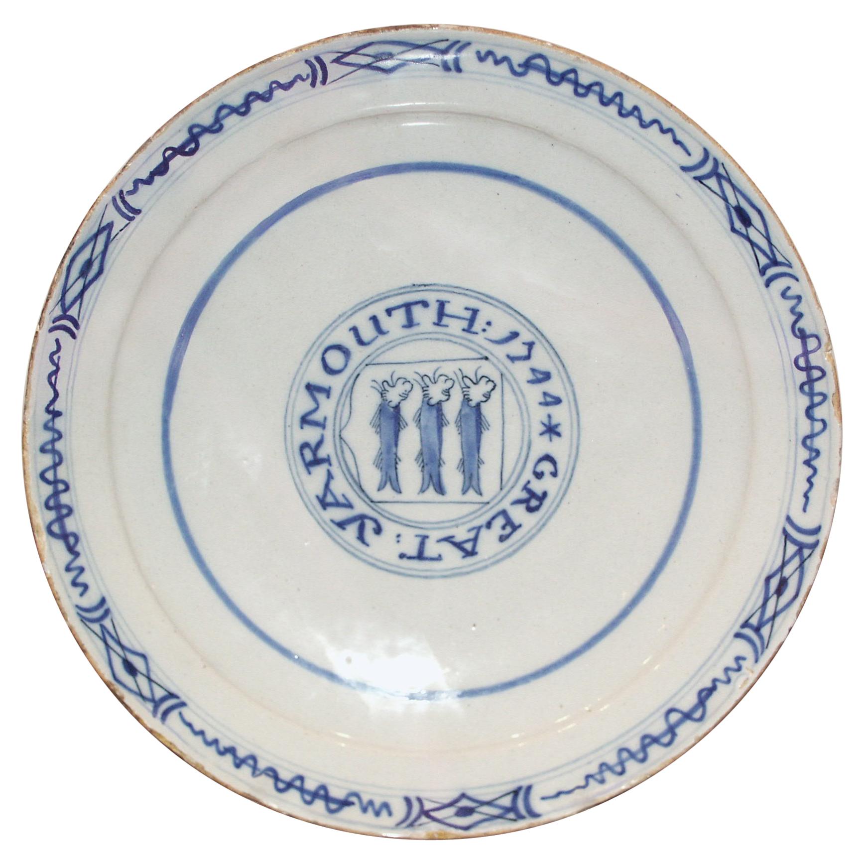 Plate Delftware, Inscribed 1744, Dutch, Great Yarmouth, Blue and White, Herring