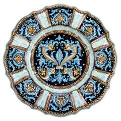 Plate Centerpiece Decorated Ornament Wall Dish Majolica Hand-Painted Blue Brown