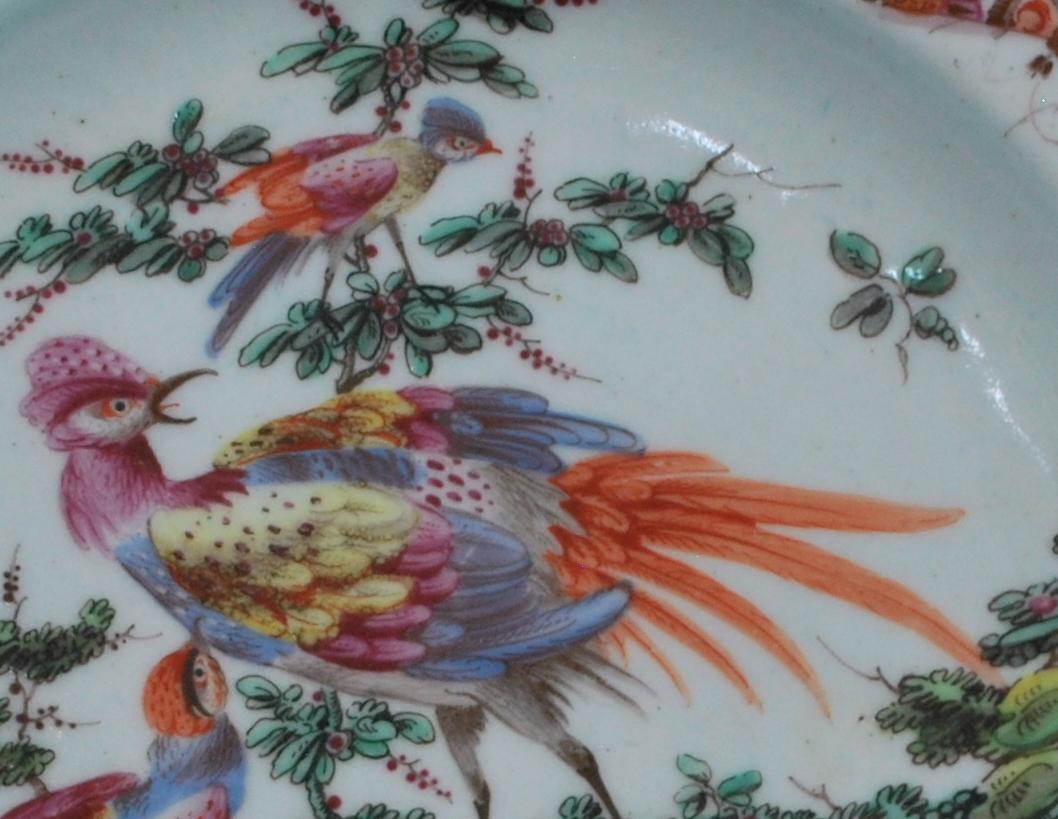Chinoiserie Plate Disheveled Birds, Bow Porcelain Factory, circa 1767 For Sale