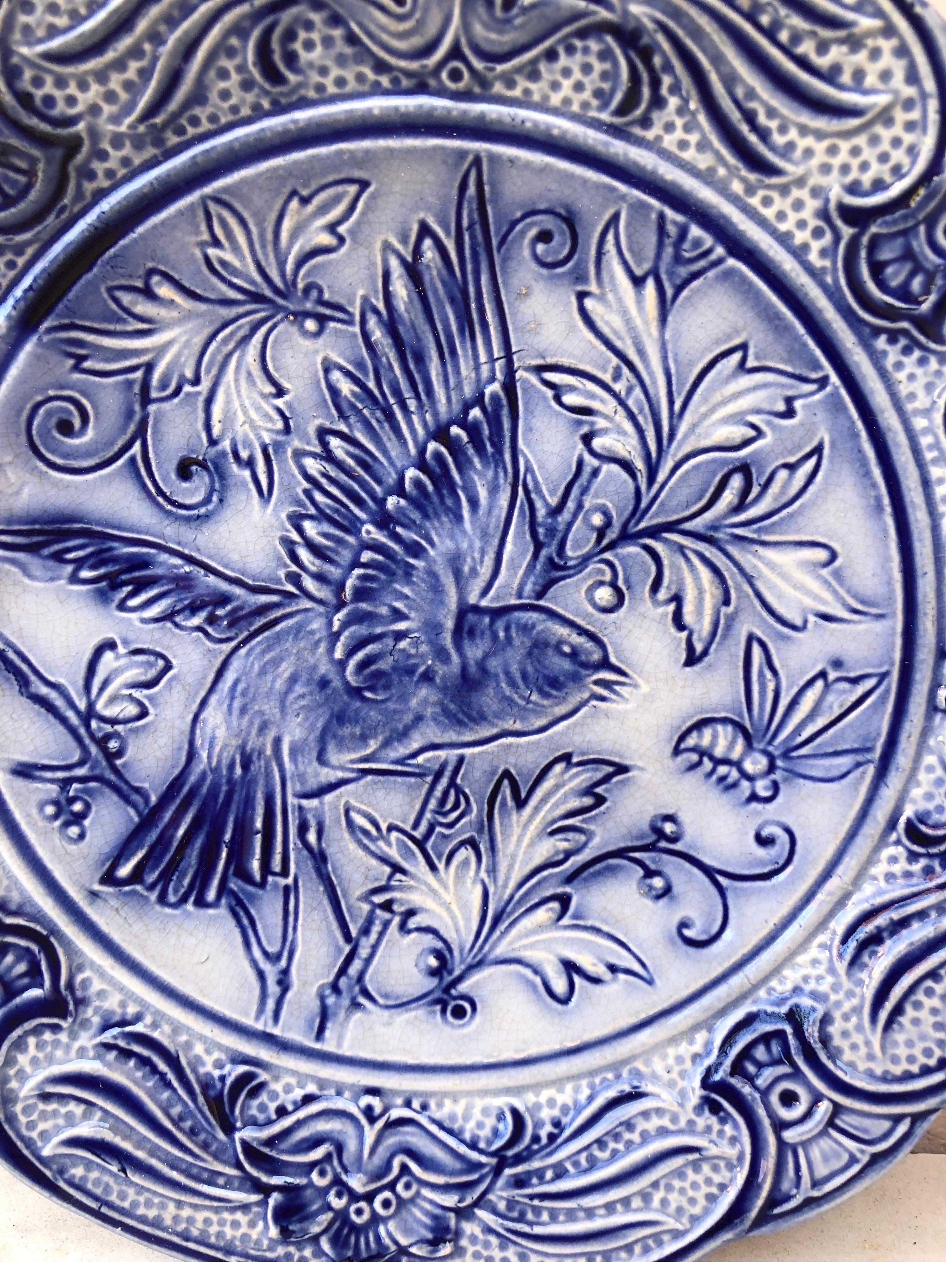 19th century blue & white Majolica bird plate Wasmuel.