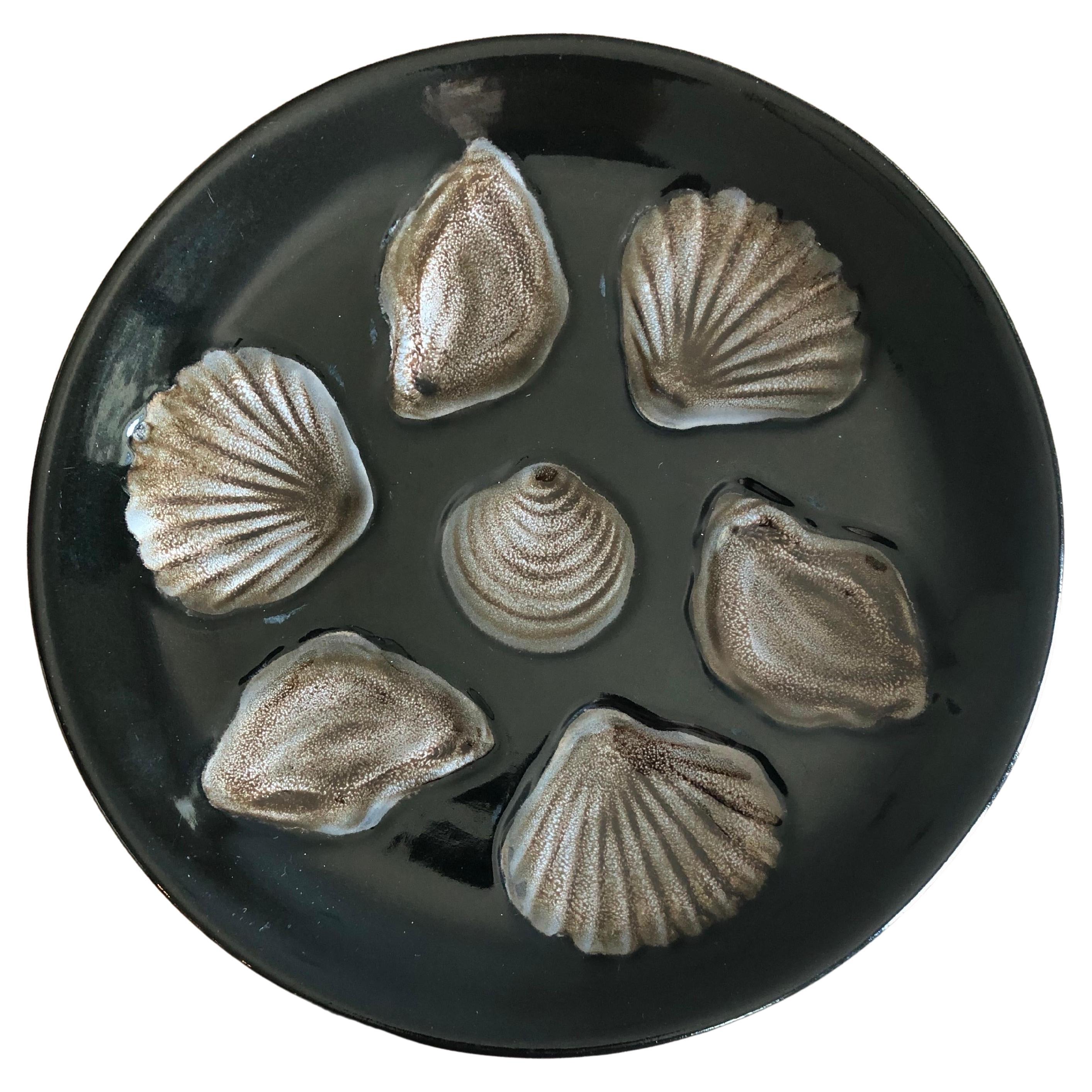 Mid-Century French Black & Brown Majolica Oyster, circa 1950