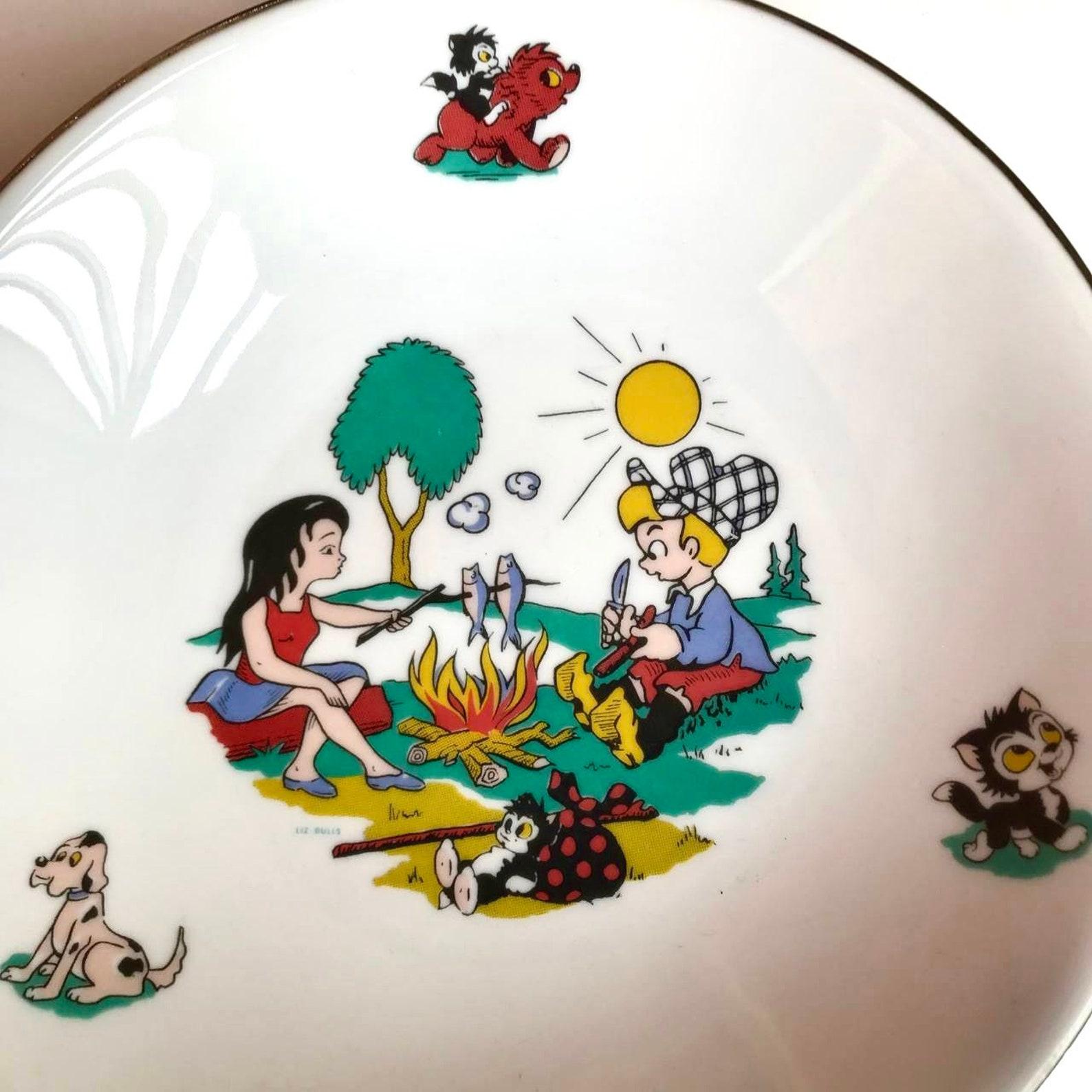 Tedesco Piatto per scaldare la pappa del bambino Piatto vintage in porcellana e ottone, 1960 in vendita