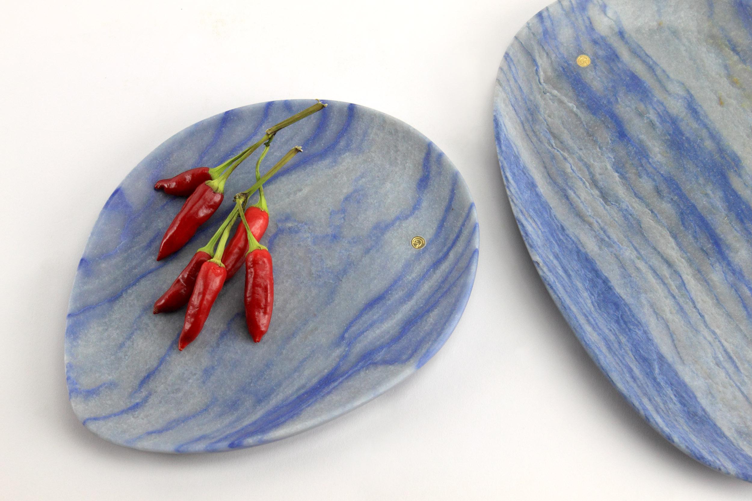 Hand carved presentation plate from semi-precious quartzite Azul Macaubas. 
Multiple use as plates, platters and placers. 

Dimensions: Big - L 36 W 35 H 1.8 cm, also available: Medium - L 30 W 28 H 1.8 cm / Small - L 24 W 20 H1.8 cm.
Available in