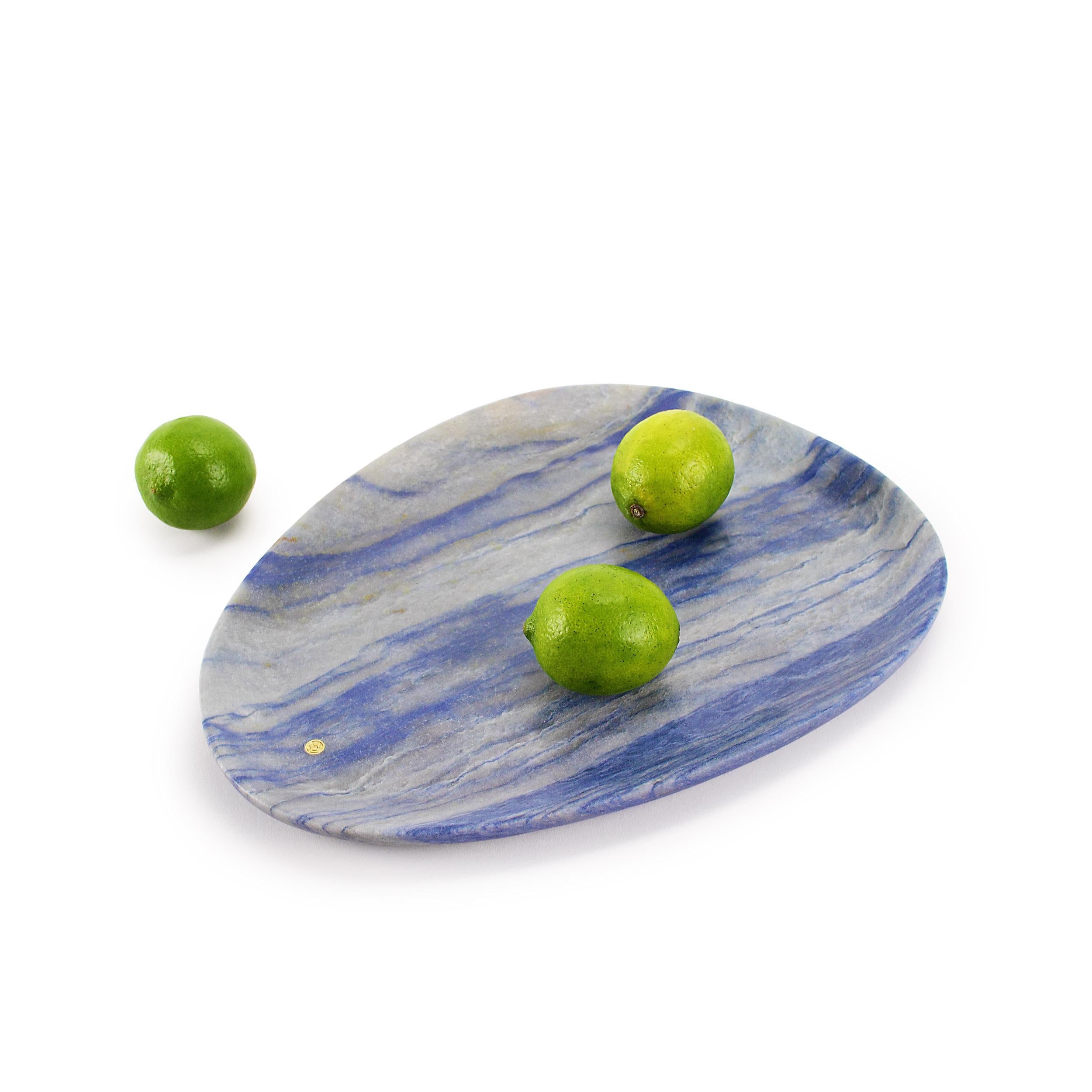 Hand carved presentation plate from semi-precious quartzite Azul Macaubas.
Multiple use as plates, platters and placers. 

Dimensions: Medium L 30, W 28, H 1.8 cm, also available: Big L 36, W 35, H 1.8 cm, small L 24, W 20, H 1.8 cm.
Available in